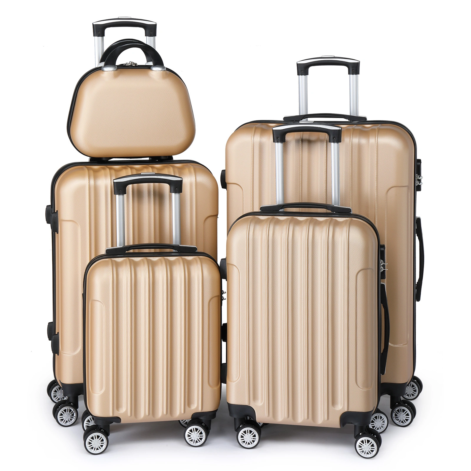 5 Piece ABS Hard Shell Suitcase Set with Vanity Case, Travel Luggage Set with Cosmetic Bag - Champagne Gold view 4
