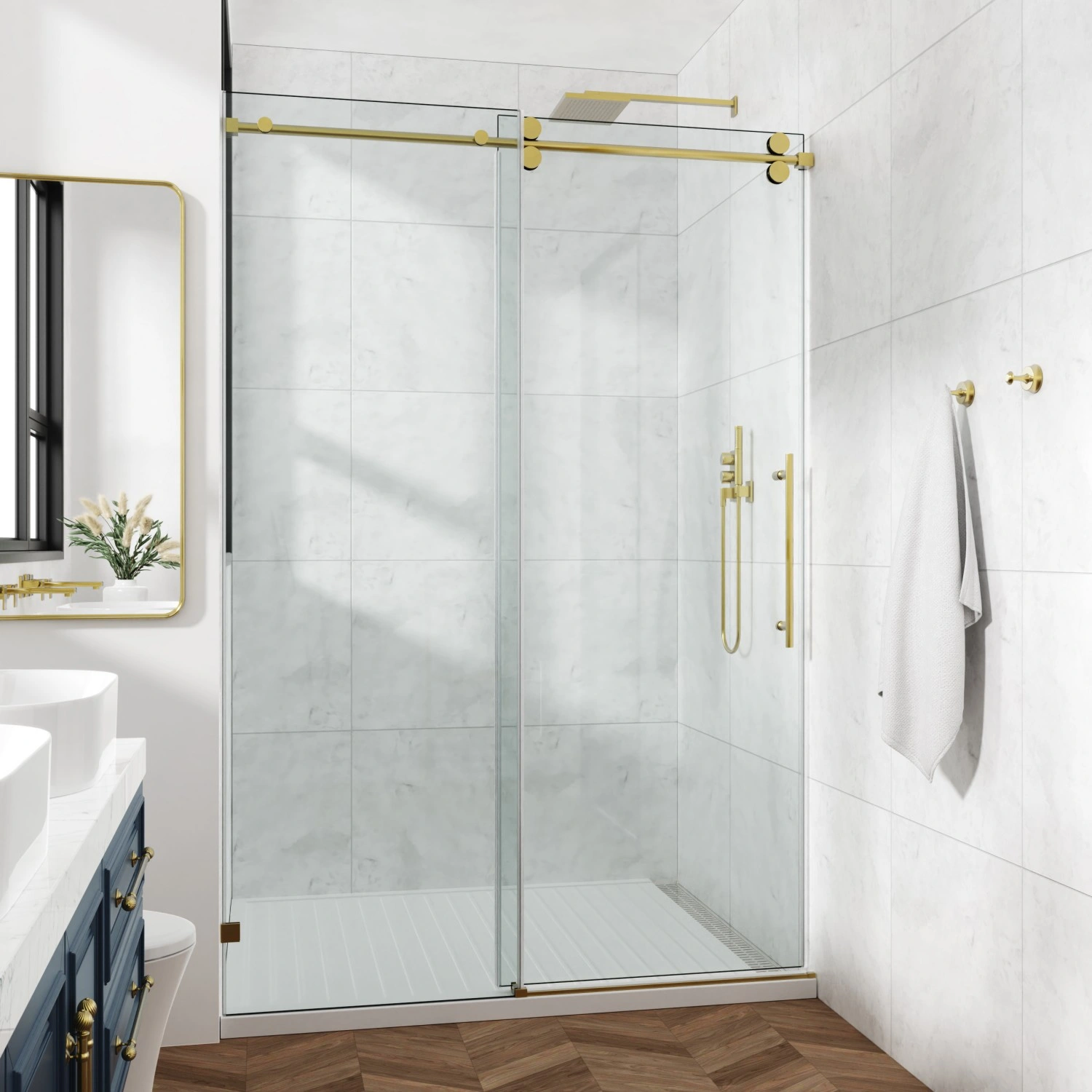 60x76 Inch Frameless Fixed & Sliding Shower Door - 3/8" (10mm) SGCC Tempered Glass, Clear, Stainless Steel Round Tube Hardware view 2