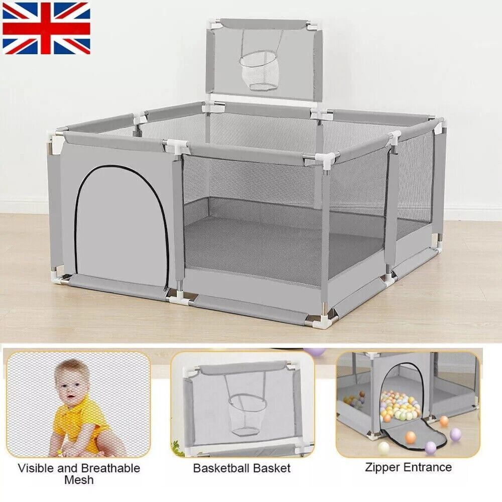 Large Portable Kids Playpen with Basketball Hoop - Grey Outdoor Safety Activity Center UK