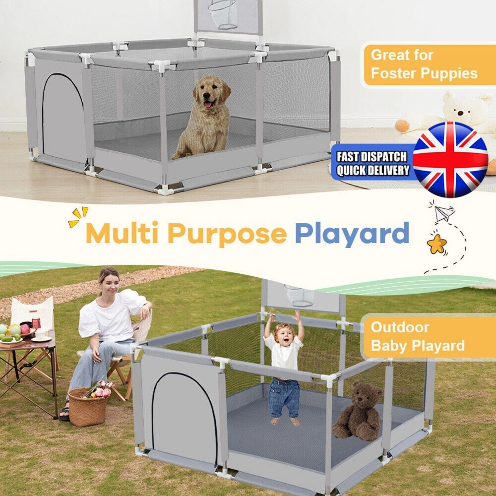 Large Portable Kids Playpen with Basketball Hoop - Grey Outdoor Safety Activity Center UK view 4