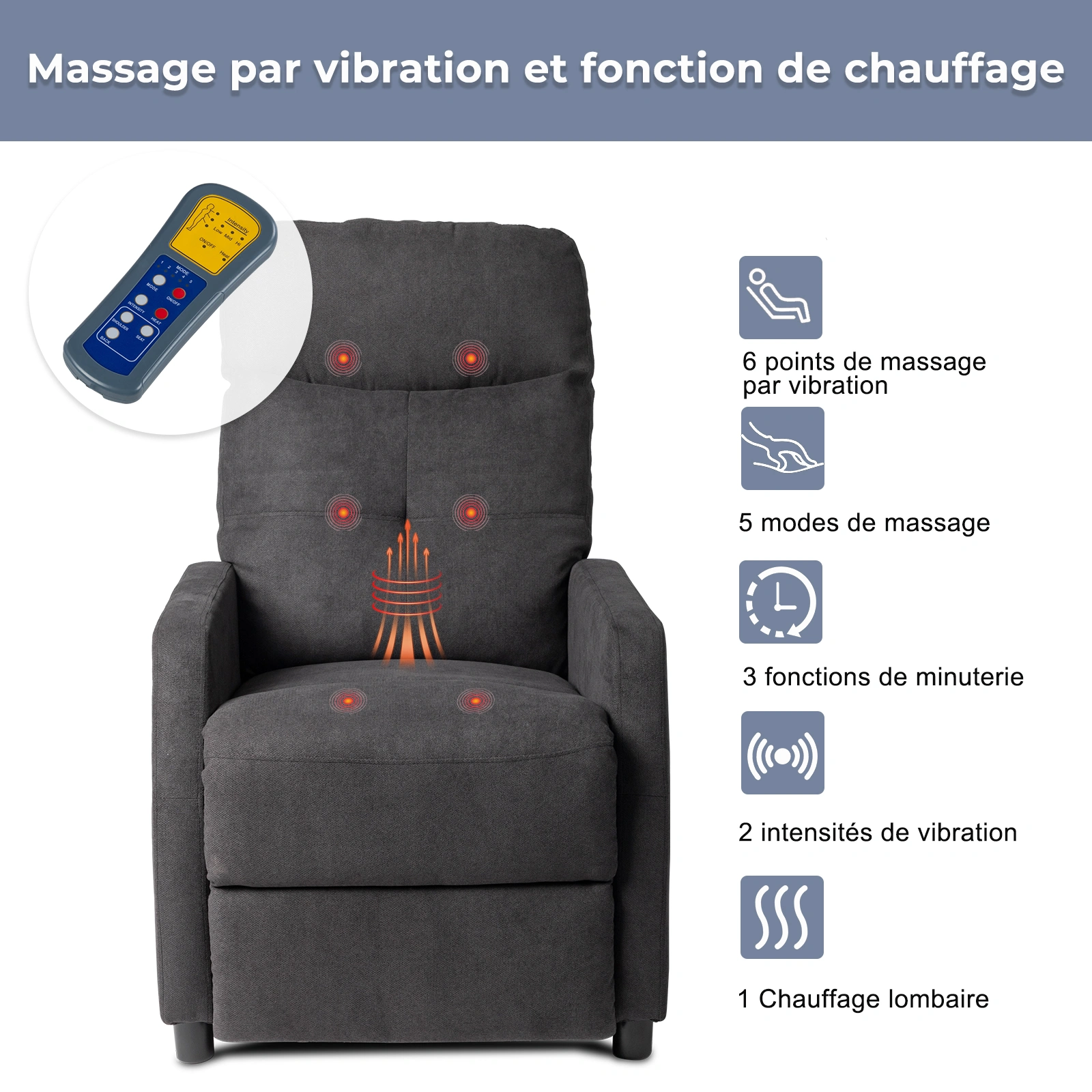 Black Fabric Electric Recliner Chair with 6-Point Massage & Heating Function, Power Recliner view 3