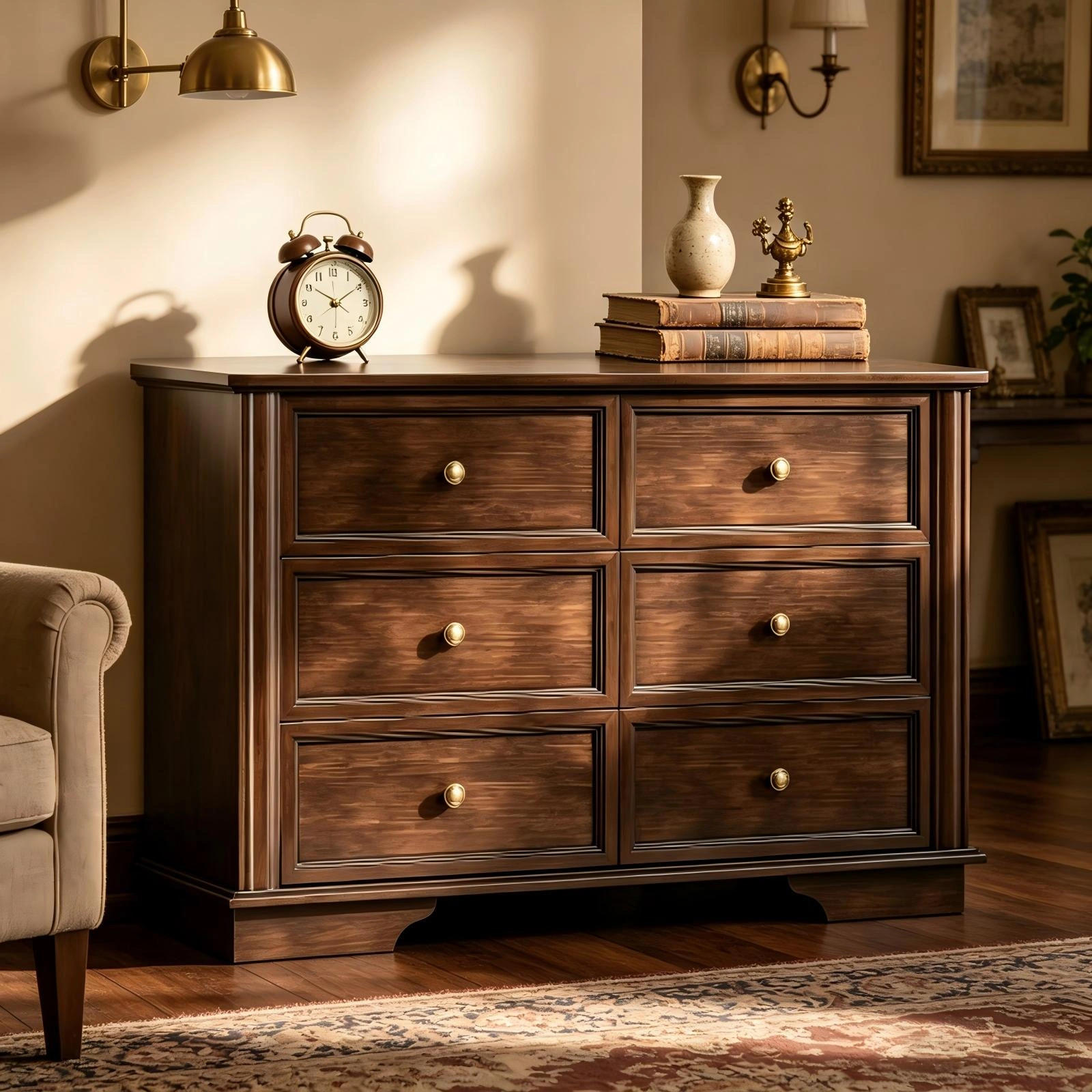 6-Drawer Dresser Chest Brown, Double Row Painted MDF Storage Unit, 47.24x15.75x31.5in Bedroom Organizer with 6 Drawers
