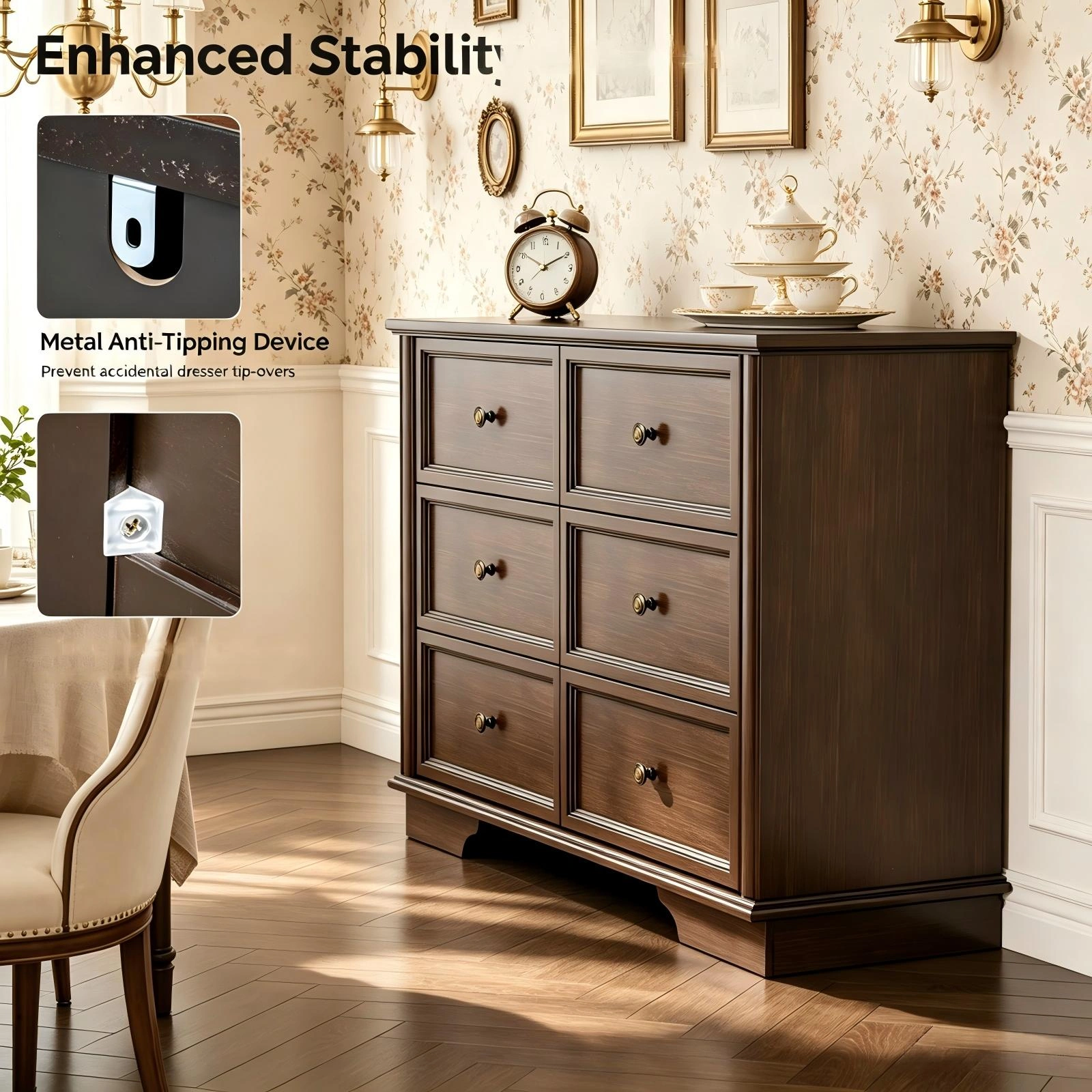 6-Drawer Dresser Chest Brown, Double Row Painted MDF Storage Unit, 47.24x15.75x31.5in Bedroom Organizer with 6 Drawers view 4