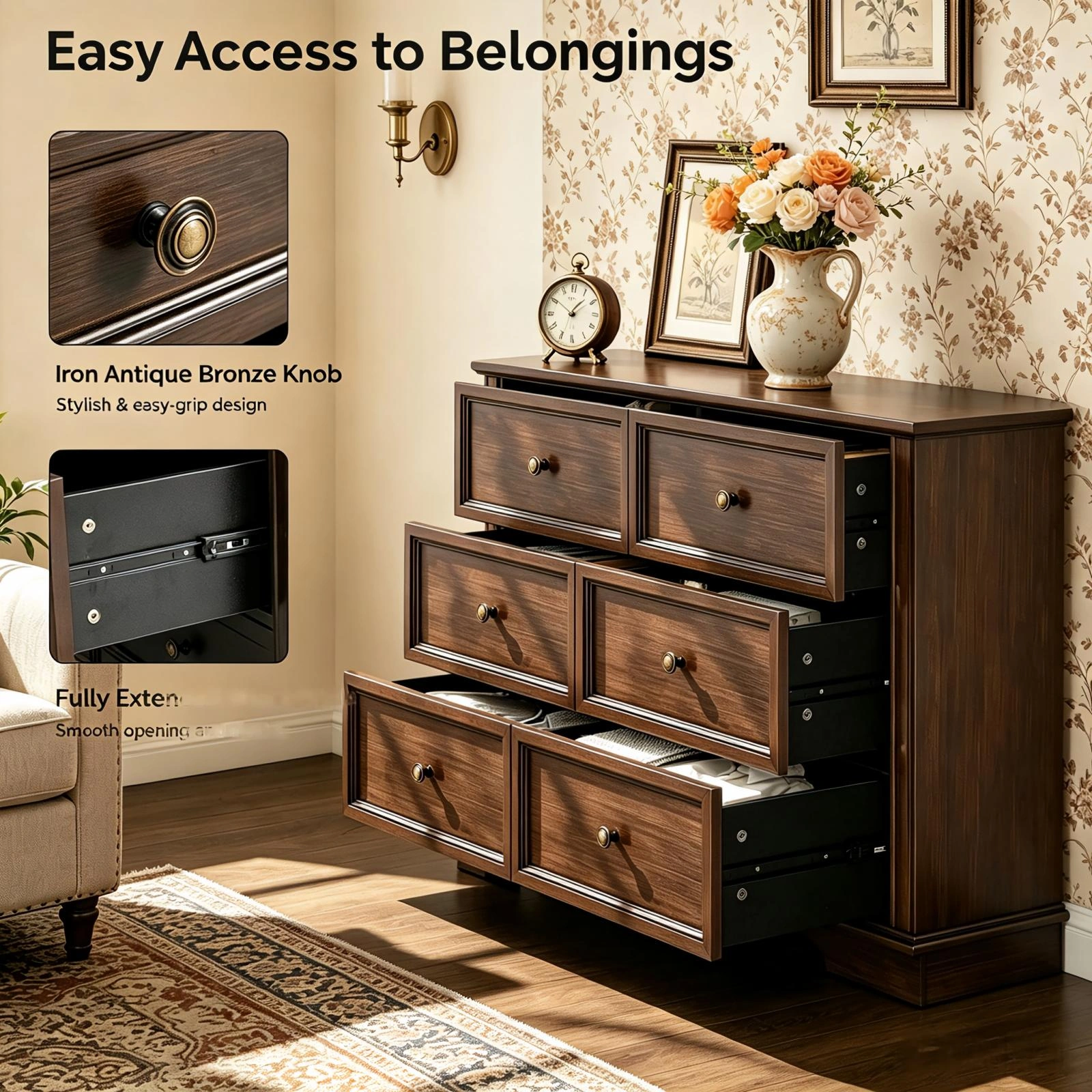 6-Drawer Dresser Chest Brown, Double Row Painted MDF Storage Unit, 47.24x15.75x31.5in Bedroom Organizer with 6 Drawers view 5