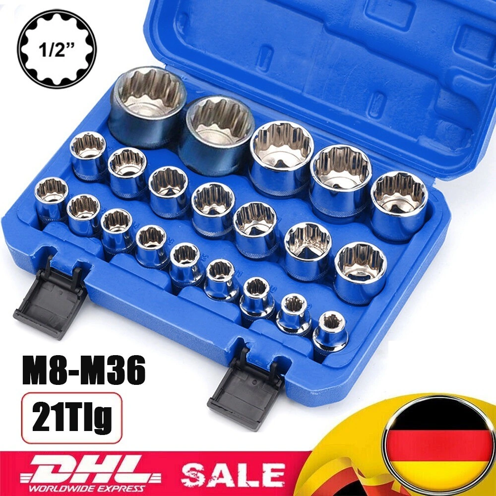 1/2 Inch 6/12 Point Socket Set 21 Piece, Metric 8-36mm, KFZ Mechanic Ratchet Socket Set