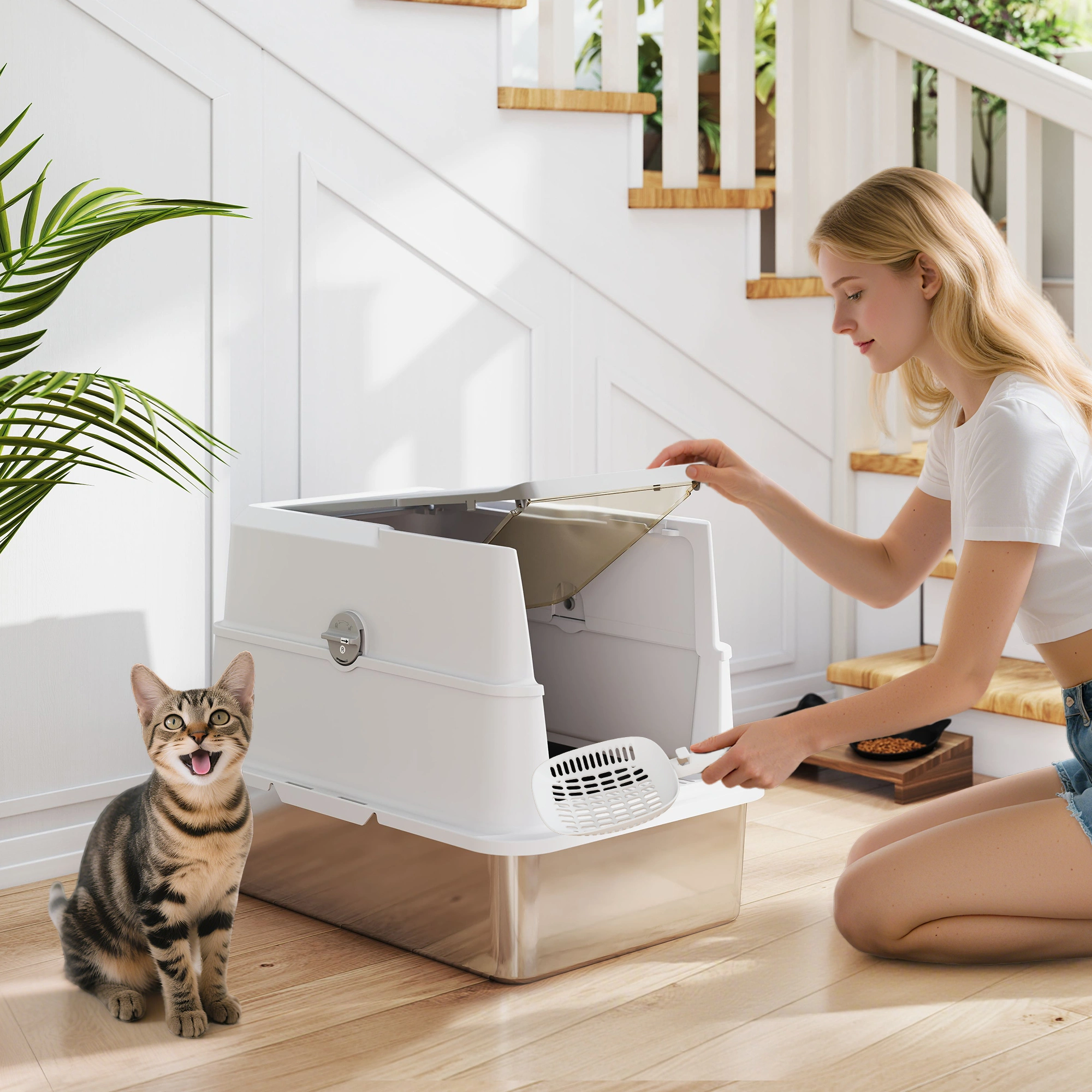 Extra Large Cat Litter Box with High Walls and Rim, No-Spill Design, Gray
