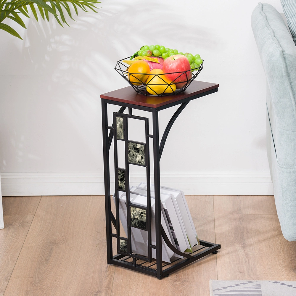 C-Shaped End Table with Gravel Pattern, Brown Top & Black Powder-Coated Base, 30.5*21*54cm view 16