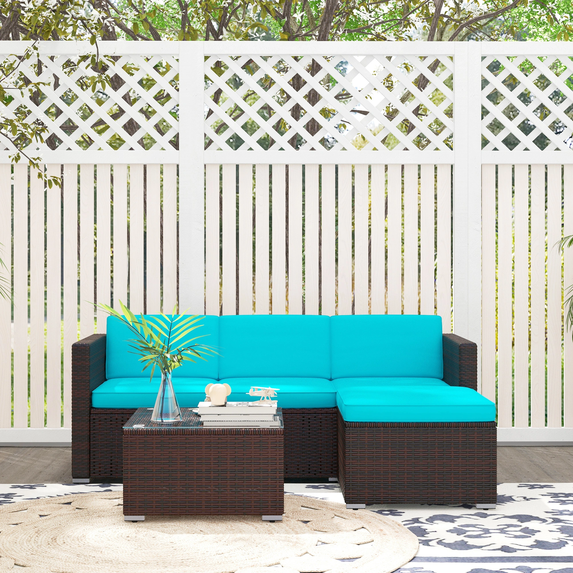 Outdoor Patio Furniture 4-Piece Conversation Set - All-Weather Resistant Sectional Sofa with Tempered Glass Table, Space-Saving Design