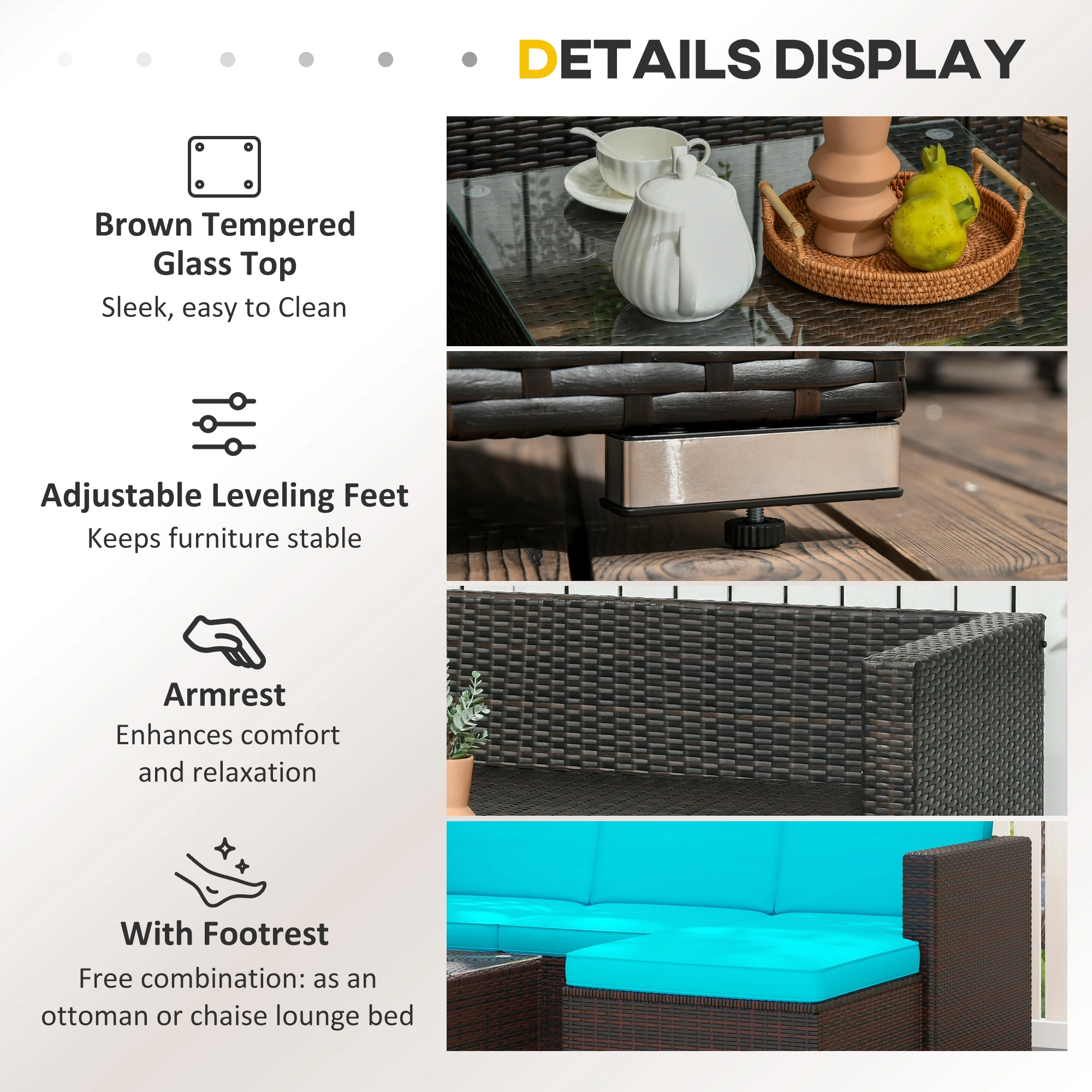 Outdoor Patio Furniture 4-Piece Conversation Set - All-Weather Resistant Sectional Sofa with Tempered Glass Table, Space-Saving Design view 3