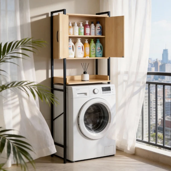 Wood grain embossed design, MDF melamine veneer with square tubing, 64.5*30*171cm, double doors, one shelf, toilet cabinet