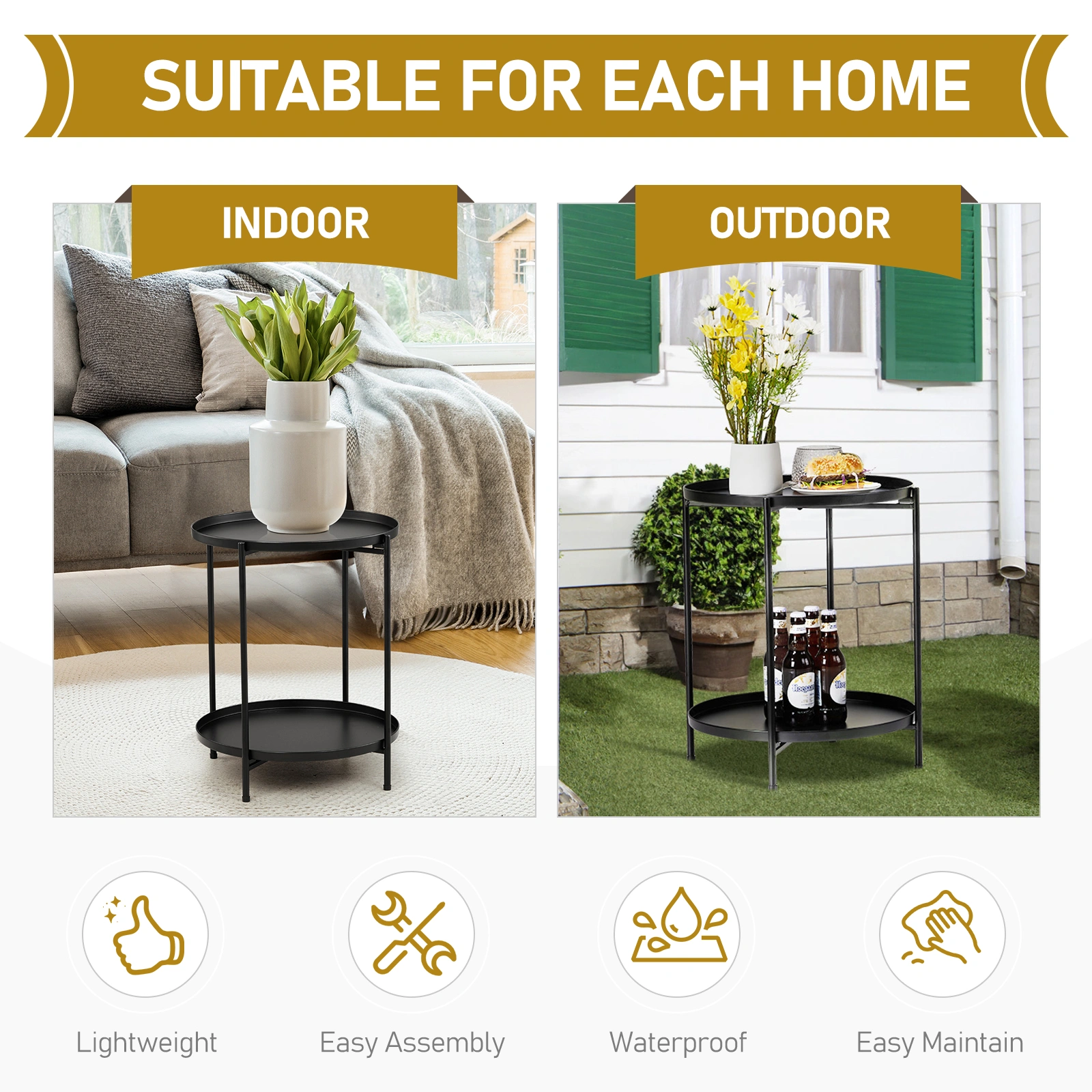 2-Tier Patio Side Table, Outdoor Metal Round Small Coffee Table with Removable Tray, Weather Resistant End Table for Indoor Outdoor Garden Balcony Yard, Black view 5