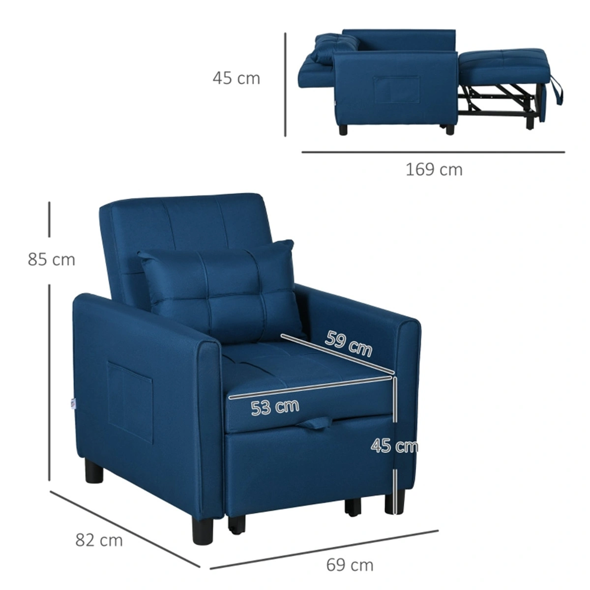 Single Sofa Bed Chair, Foldable Futon Sofa Sleeper, Compact Space-Saving Design, Grey Fabric view 2