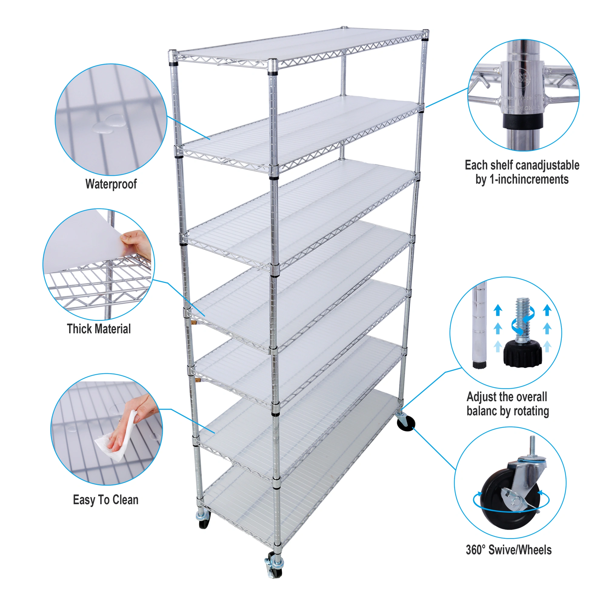 7 Tier Metal Shelf Wire Shelving Unit, 2450lbs Heavy Duty Adjustable Storage Rack with Wheels & Shelf Liners for Closet Kitchen Garage Basement Commercial Shelving - 81.5" H x 48" L x 18" D chrome view 10