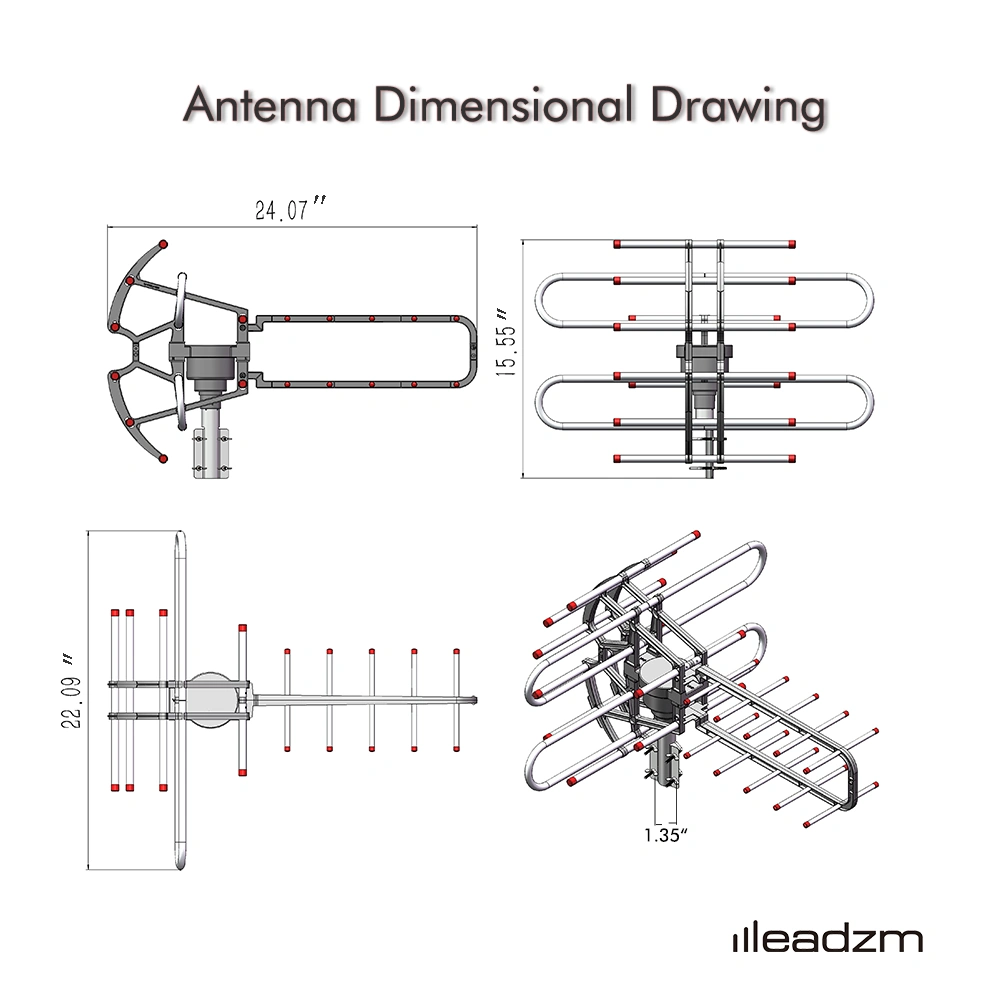 Leadzm TA-851B 350°Rotation UV Dual Frequency 45-860MHz 22-28dB Open Antenna Silver Gray view 14