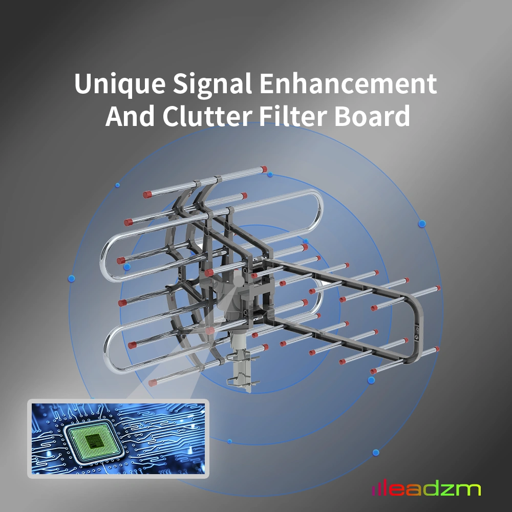 Leadzm TA-851B 350°Rotation UV Dual Frequency 45-860MHz 22-28dB Open Antenna Silver Gray view 3