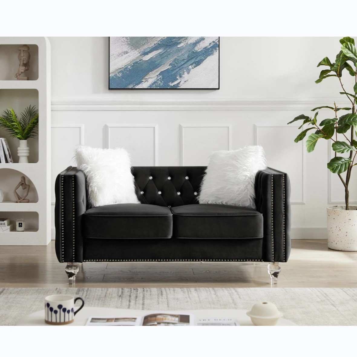 Black Velvet Loveseat Sofa 2-Seater Crystal Buckle Accent Couch with Removable Cushion & Crystal Legs,Includes 2 Plush Pillows