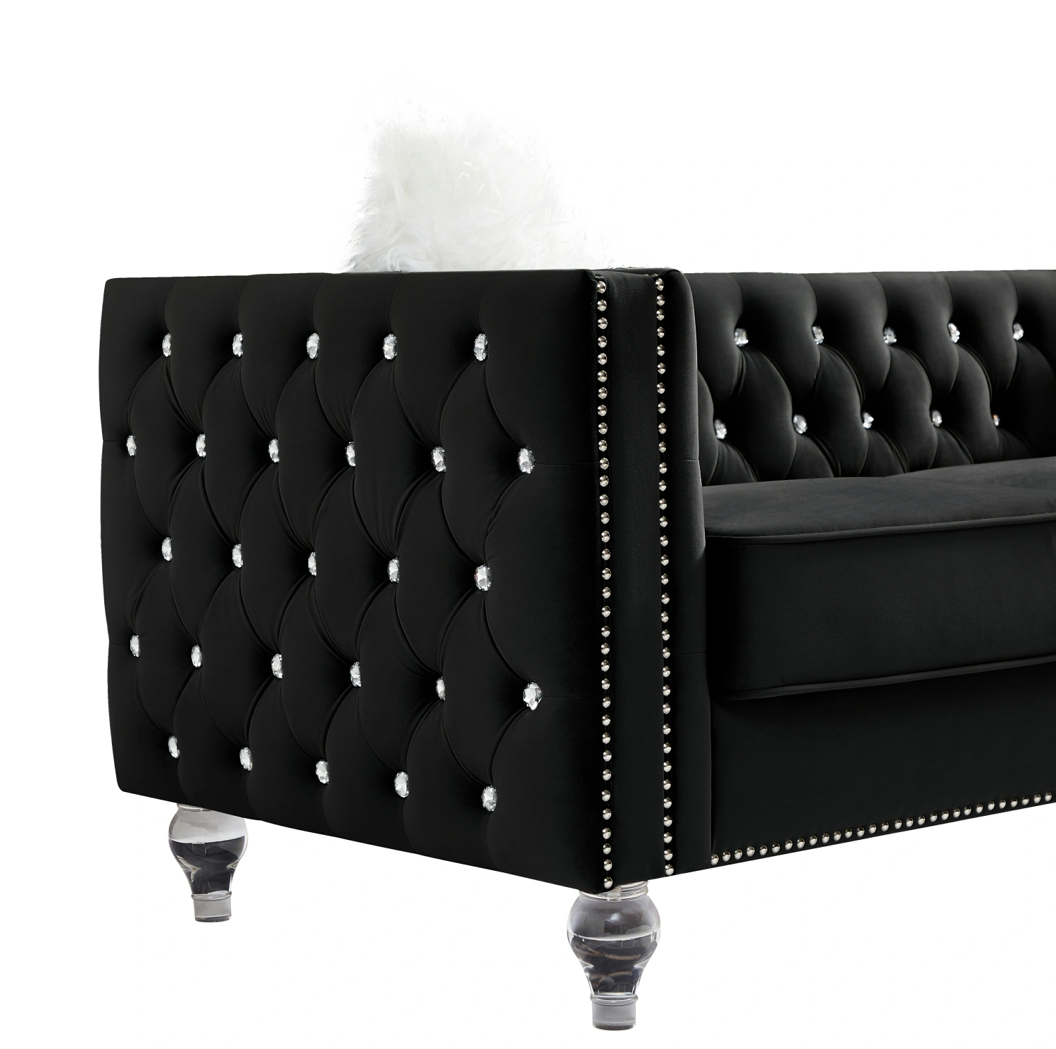 Black Velvet Loveseat Sofa 2-Seater Crystal Buckle Accent Couch with Removable Cushion & Crystal Legs,Includes 2 Plush Pillows view 10