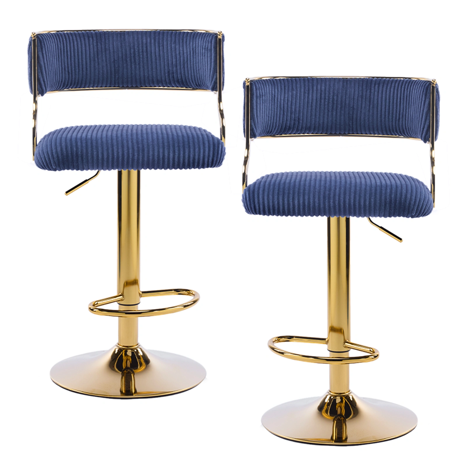 2Pcs Blue Corduroy Bar Stools Swivel Height Adjustable, Gold Trumpet Base Gas Lift Counter Stools view 2