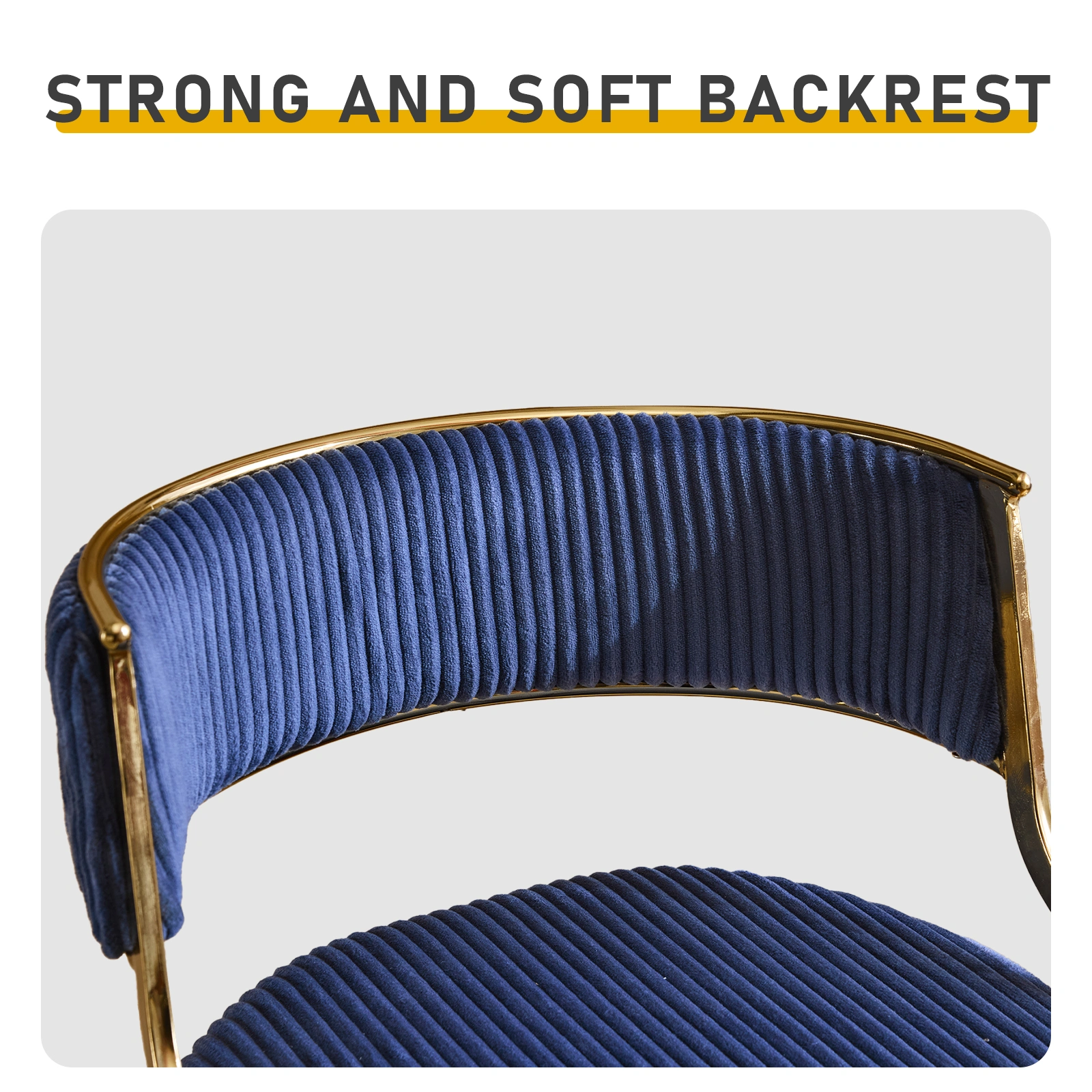 2Pcs Blue Corduroy Bar Stools Swivel Height Adjustable, Gold Trumpet Base Gas Lift Counter Stools view 3