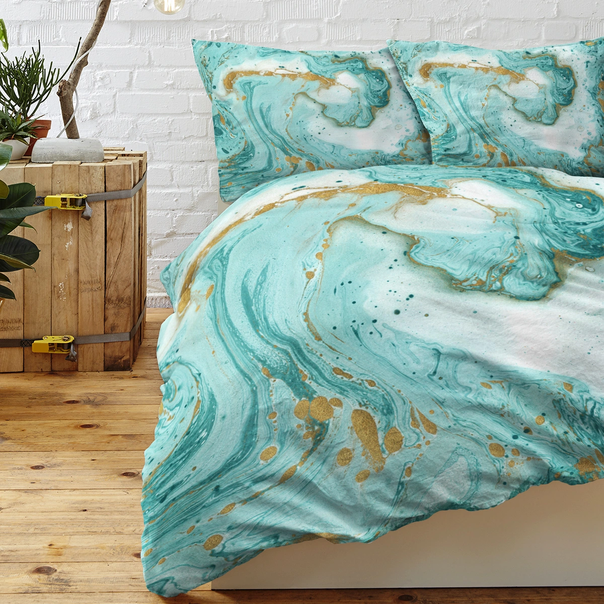 Chic Girly Marble Duvet Cover Double Mint Gold Glitter Turquoise Aqua Teal Blue Abstract Comforter Set view 2