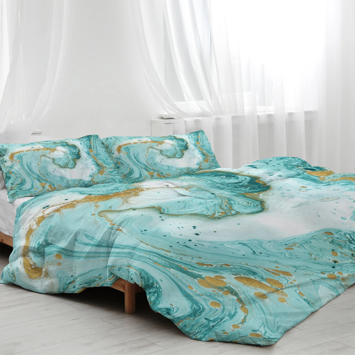 Chic Girly Marble Duvet Cover Double Mint Gold Glitter Turquoise Aqua Teal Blue Abstract Comforter Set view 3