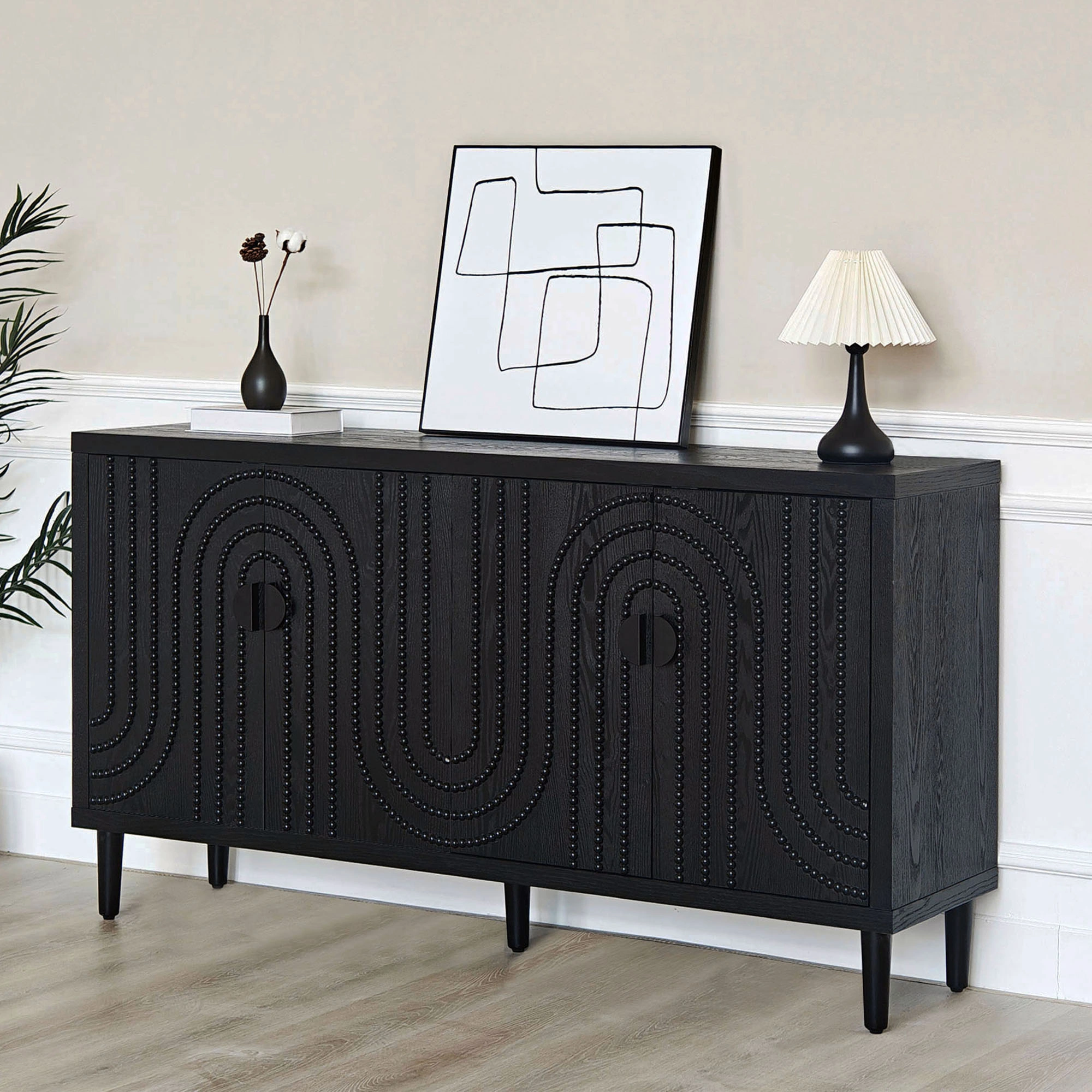Modern Black Sideboard Cabinet with Nailhead Accents, Stylish Storage Buffet for Dining Room & Living Room