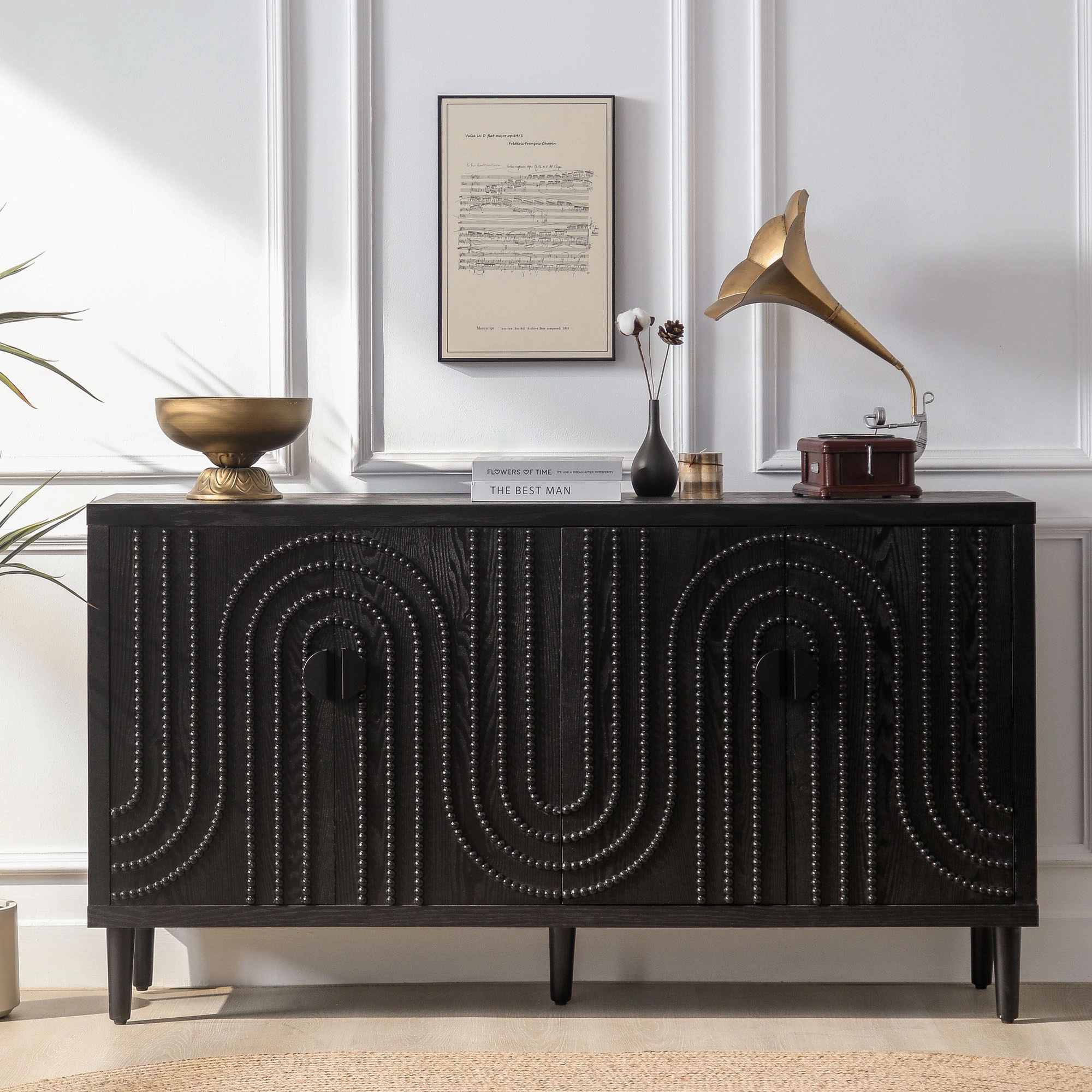 Modern Black Sideboard Cabinet with Nailhead Accents, Stylish Storage Buffet for Dining Room & Living Room view 2