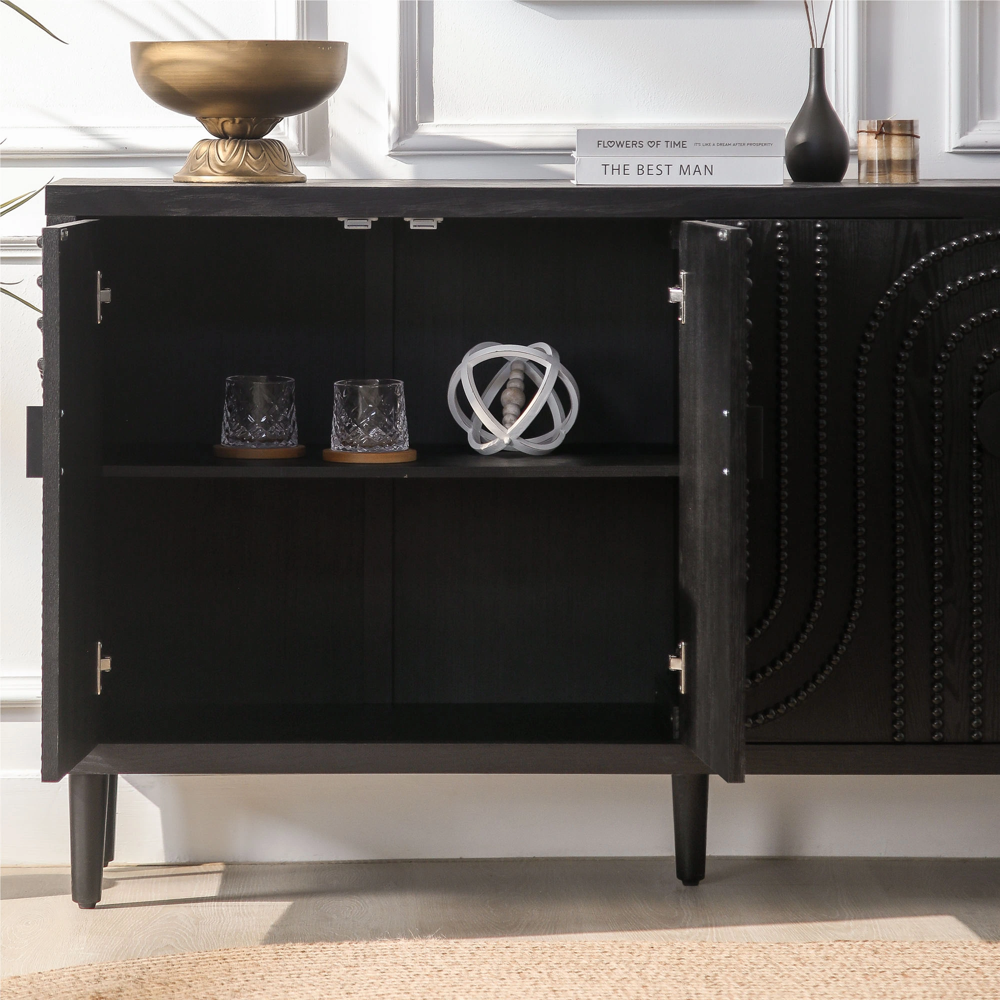 Modern Black Sideboard Cabinet with Nailhead Accents, Stylish Storage Buffet for Dining Room & Living Room view 6