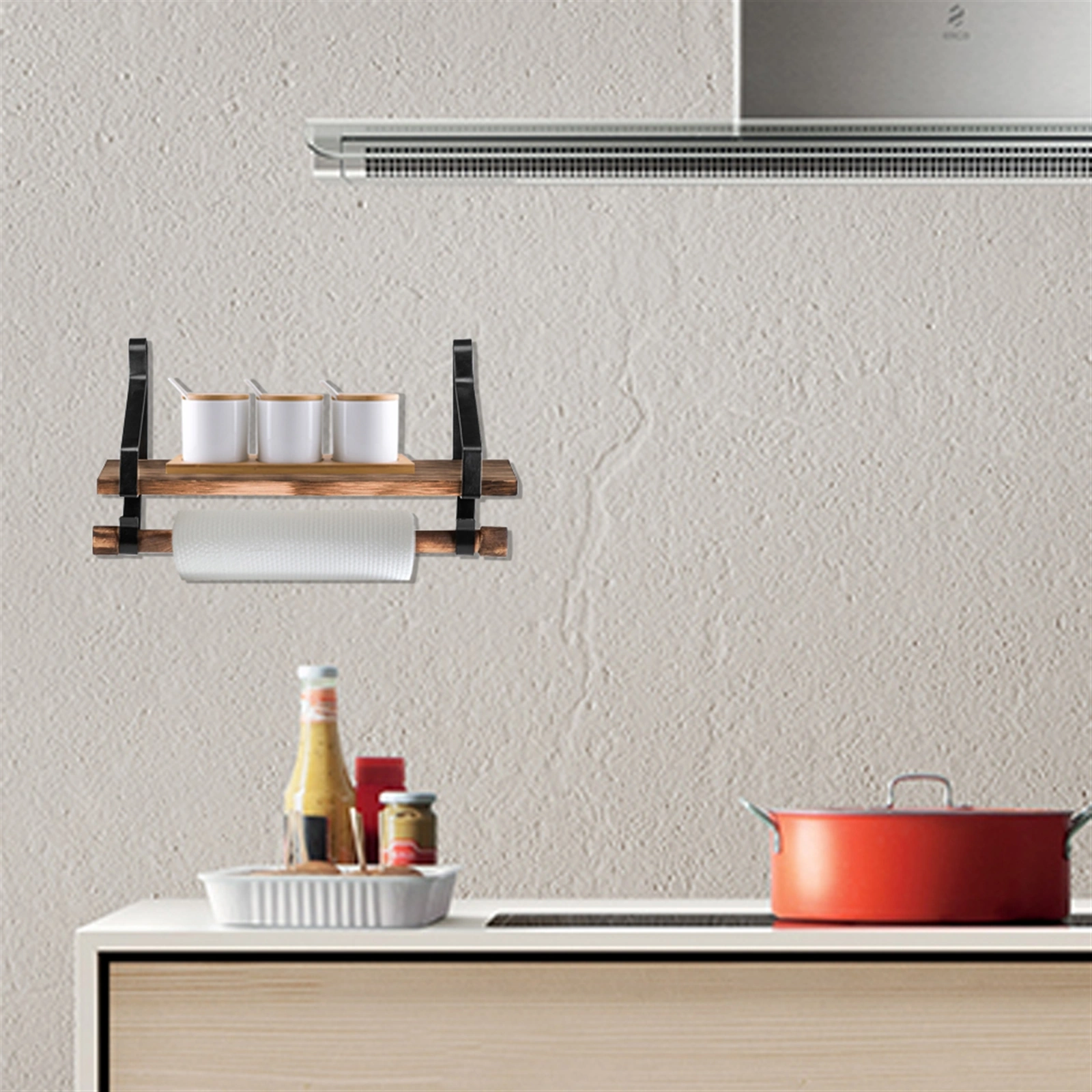 Floating Shelf Wall Shelf Rustic Wood Kitchen Spice Rack Towel Bar 8 Hooks view 2