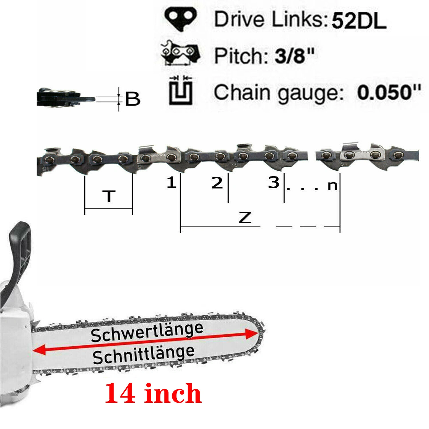 14 inch 52 Drive Links Chainsaw Chain Bar Cutter Saw Blade Replacement Part Tool view 3