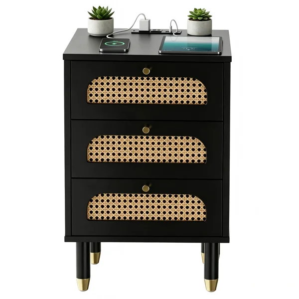 3-Drawer Nightstand with Woven Rattan Fronts and Built-in Power Outlet 15.75"*13.78"*23.82" Black view 2