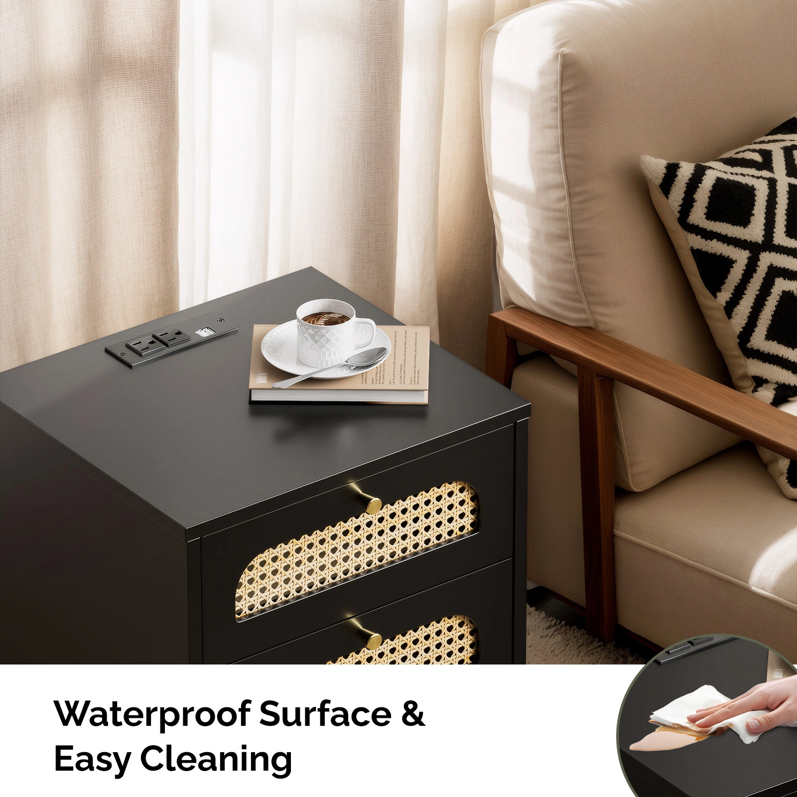 3-Drawer Nightstand with Woven Rattan Fronts and Built-in Power Outlet 15.75"*13.78"*23.82" Black view 11