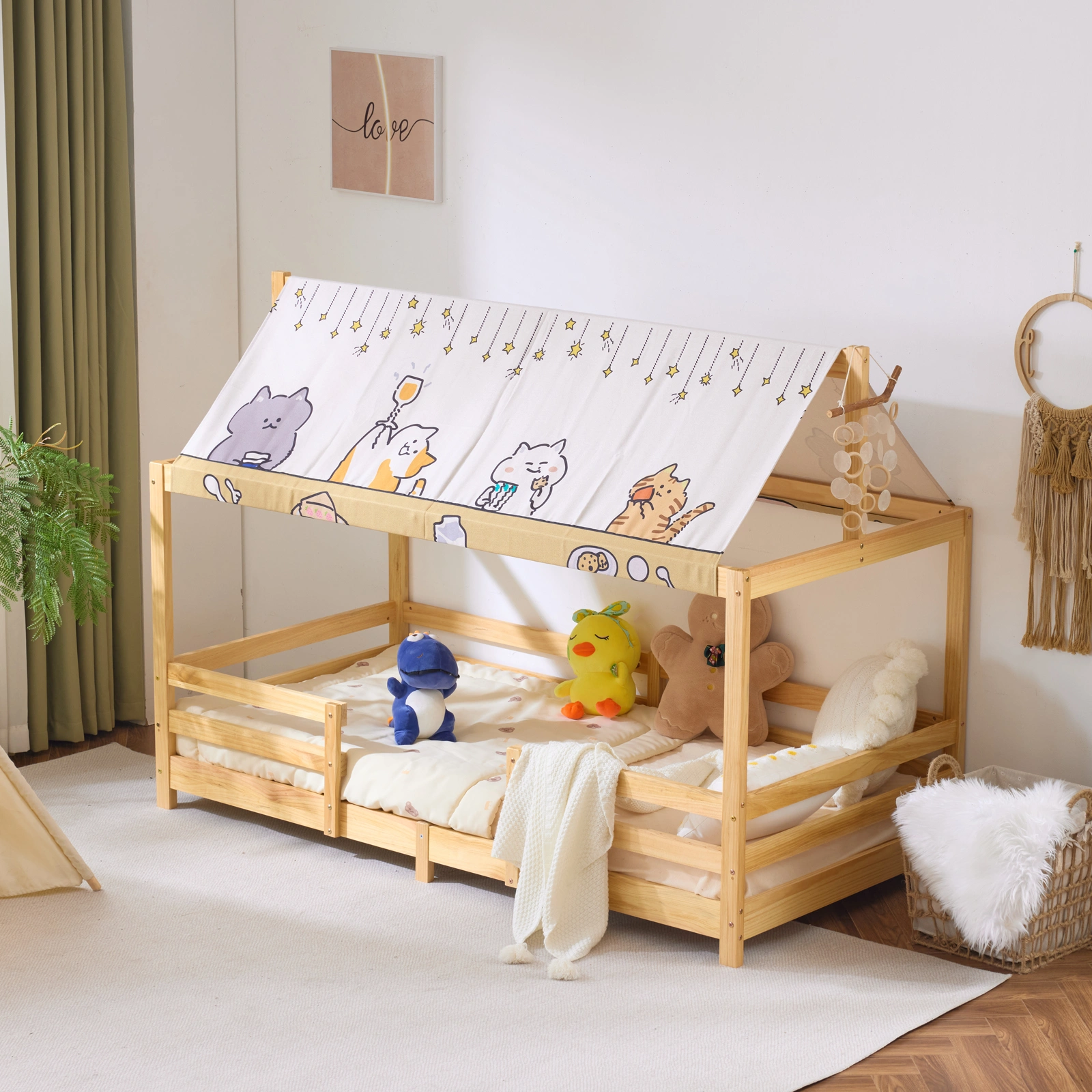 Kids Cottage Bed Frame Natural Wood Pine Toddler Bed with Fabric Canopy Roof 195x95x141cm view 3
