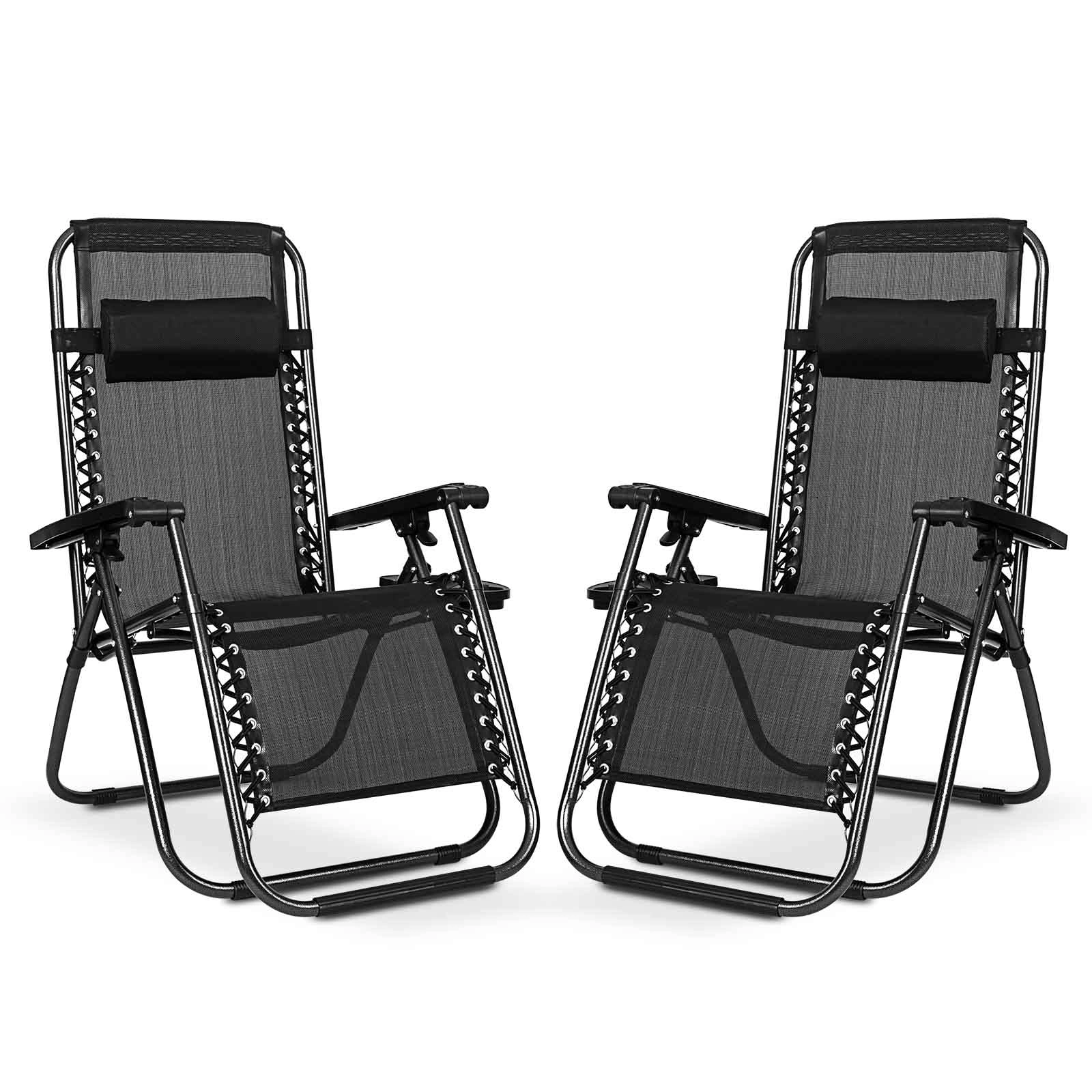 2 Pack Zero Gravity Sun Lounger Chairs, Textoline Garden Loungers with Cup Holder & Pillow, Heavy Duty Adjustable Recliner, Black