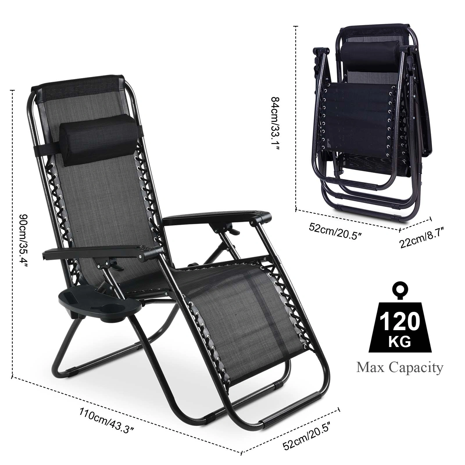 2 Pack Zero Gravity Sun Lounger Chairs, Textoline Garden Loungers with Cup Holder & Pillow, Heavy Duty Adjustable Recliner, Black view 2