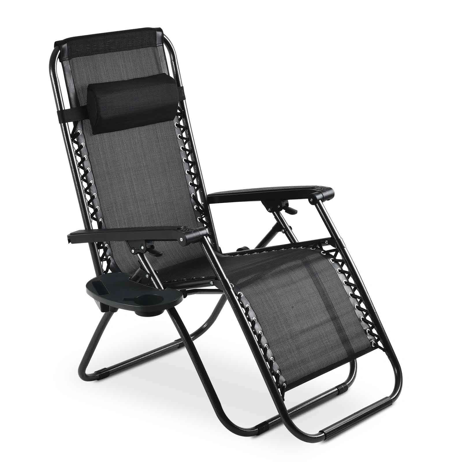 2 Pack Zero Gravity Sun Lounger Chairs, Textoline Garden Loungers with Cup Holder & Pillow, Heavy Duty Adjustable Recliner, Black view 3