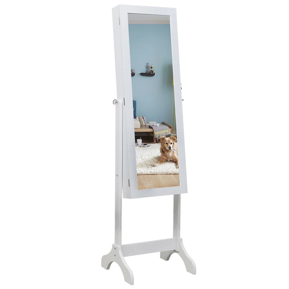 White Wooden 4-Layer Floor Standing Adjustable Shelf - Full Mirror Jewelry Storage Cabinet