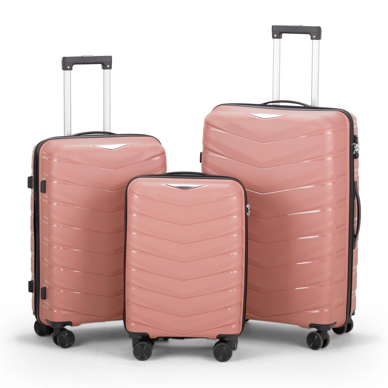 V-shaped stripes 3-in-1 PP trolley case 20in 24in 28in PP iron trolley fashionable color - rose gold grain pattern
