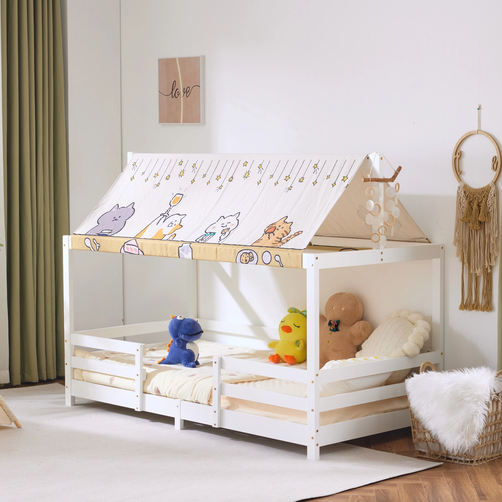 Kids Cottage Bed Frame White Pine Wood Toddler Bed with Fabric Canopy Roof 195x95x141cm view 3