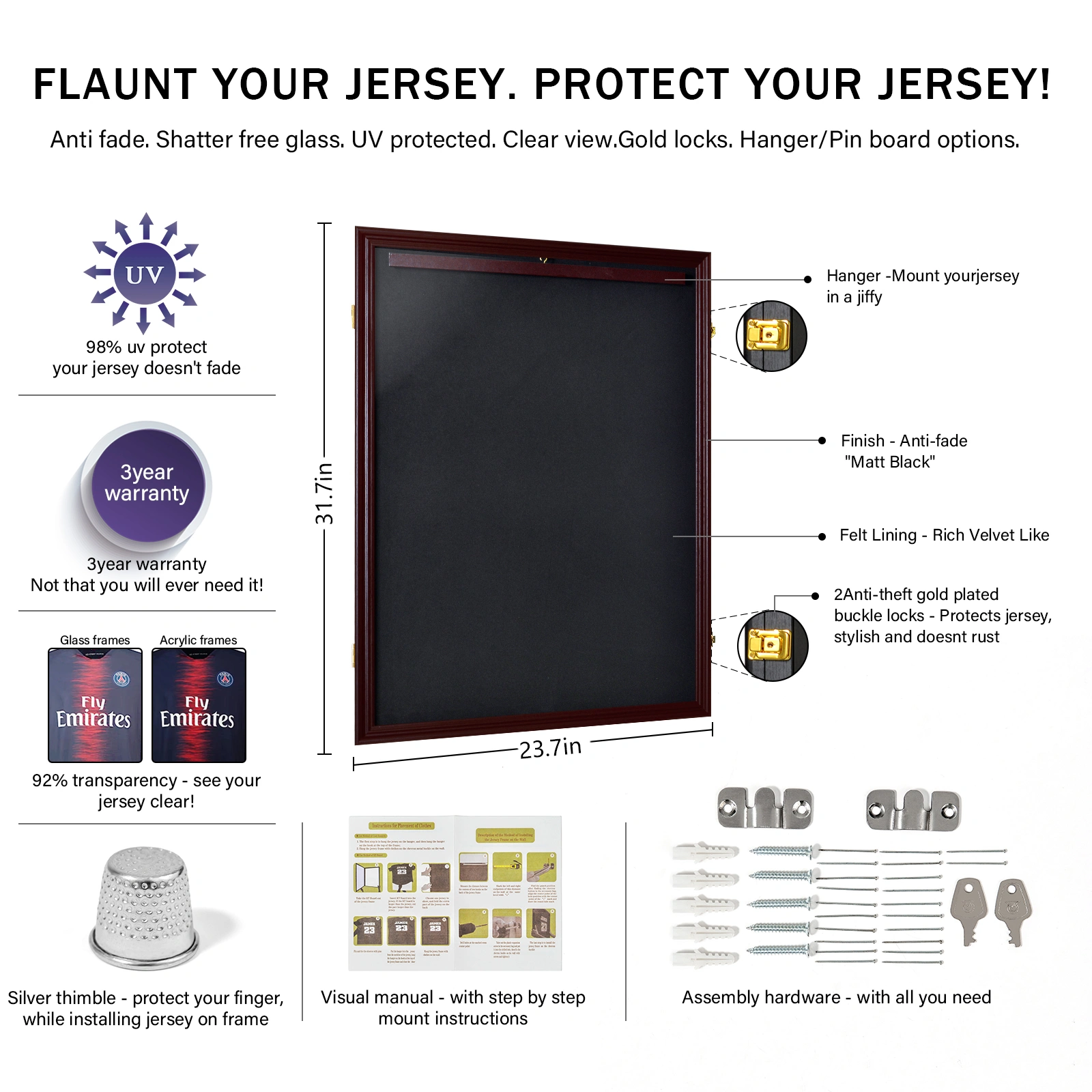 Shirt Display Frame With UV Resistant Acrylic and Hanger, Wall Mounted Baseball Basketball Football Hockey Shirt Display Frame Brown view 8