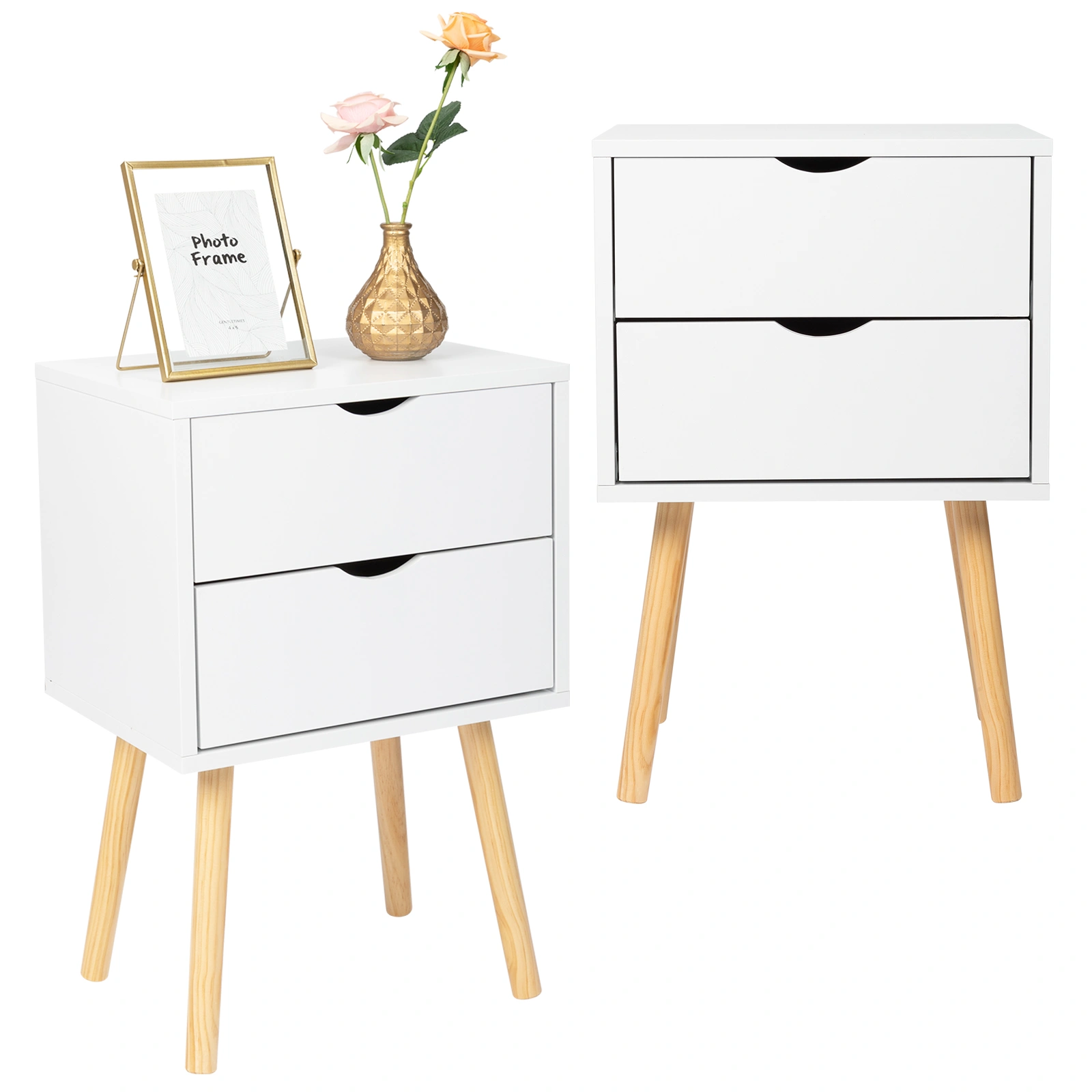 Modern White Nightstand Cabinet 40x30x60cm, 2-Drawer Bedside Table with Wood-Tone Legs, MDF High-Leg Design view 3