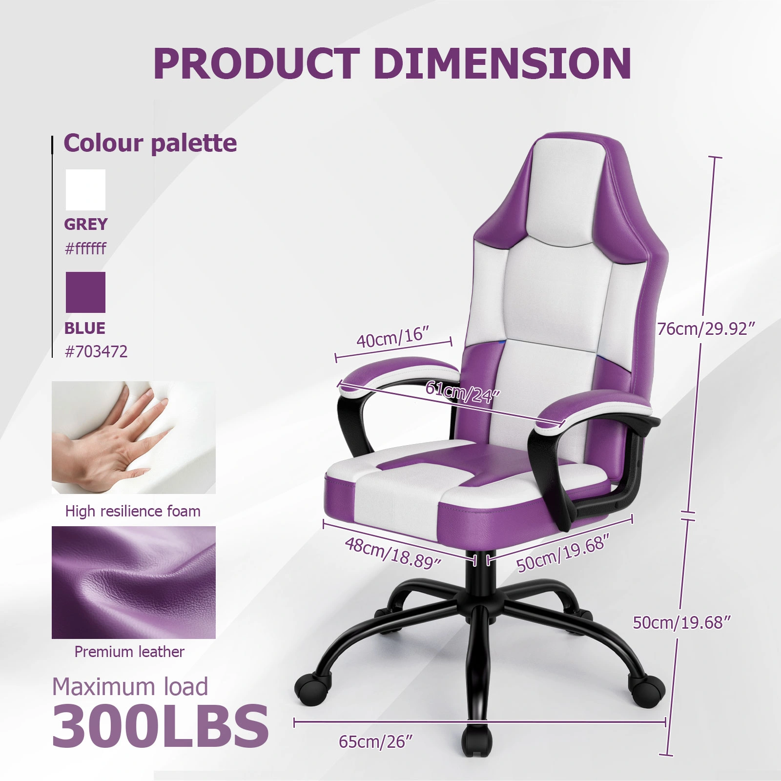 Ergonomic Gaming Chair, Height Adjustable PU Leather Office Chair with Wheels, High Back Swivel Computer Desk Chair for Adults view 2