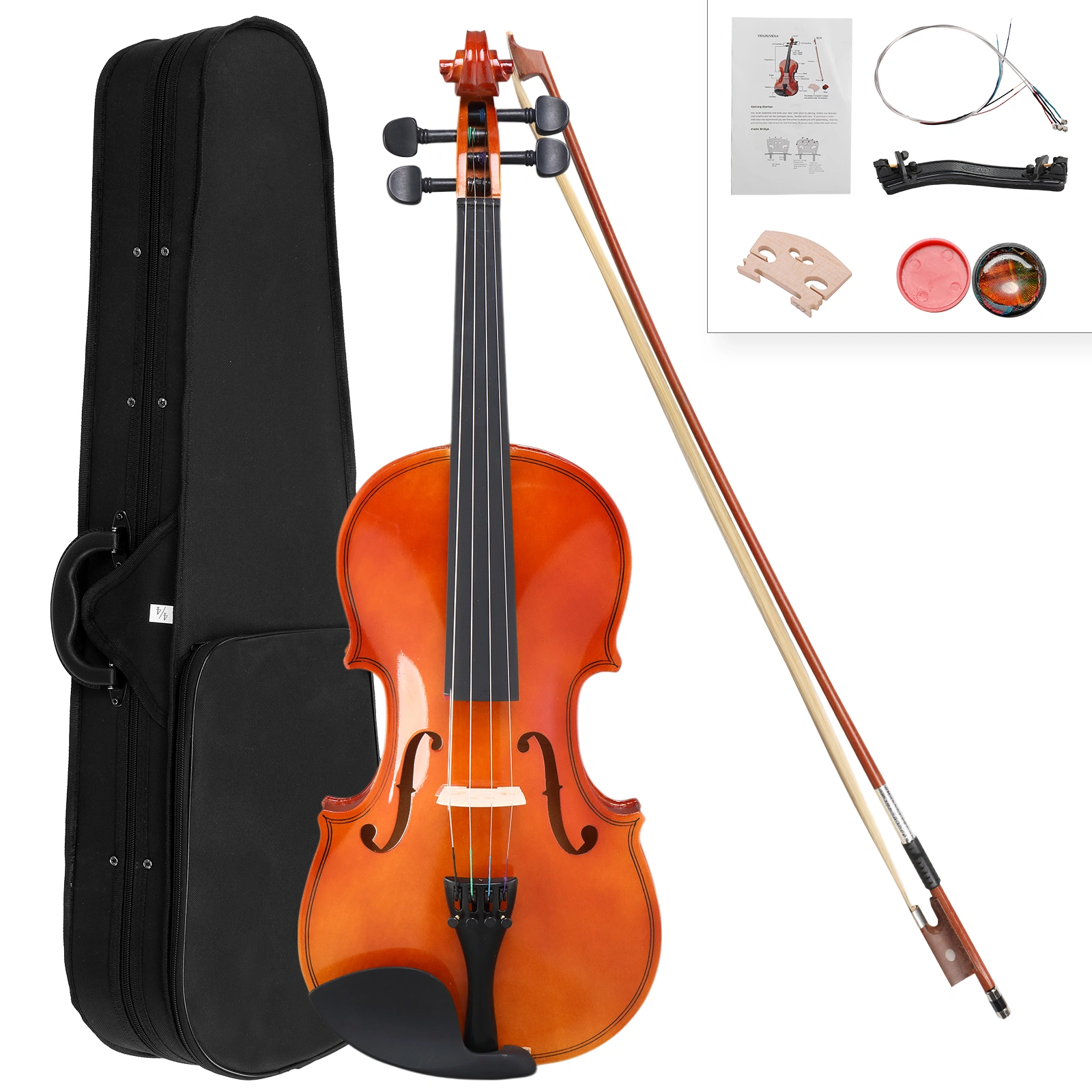 GV100 4/4 Acoustic Violin Case Bow Rosin Strings Tuner Shoulder Rest Natural view 10