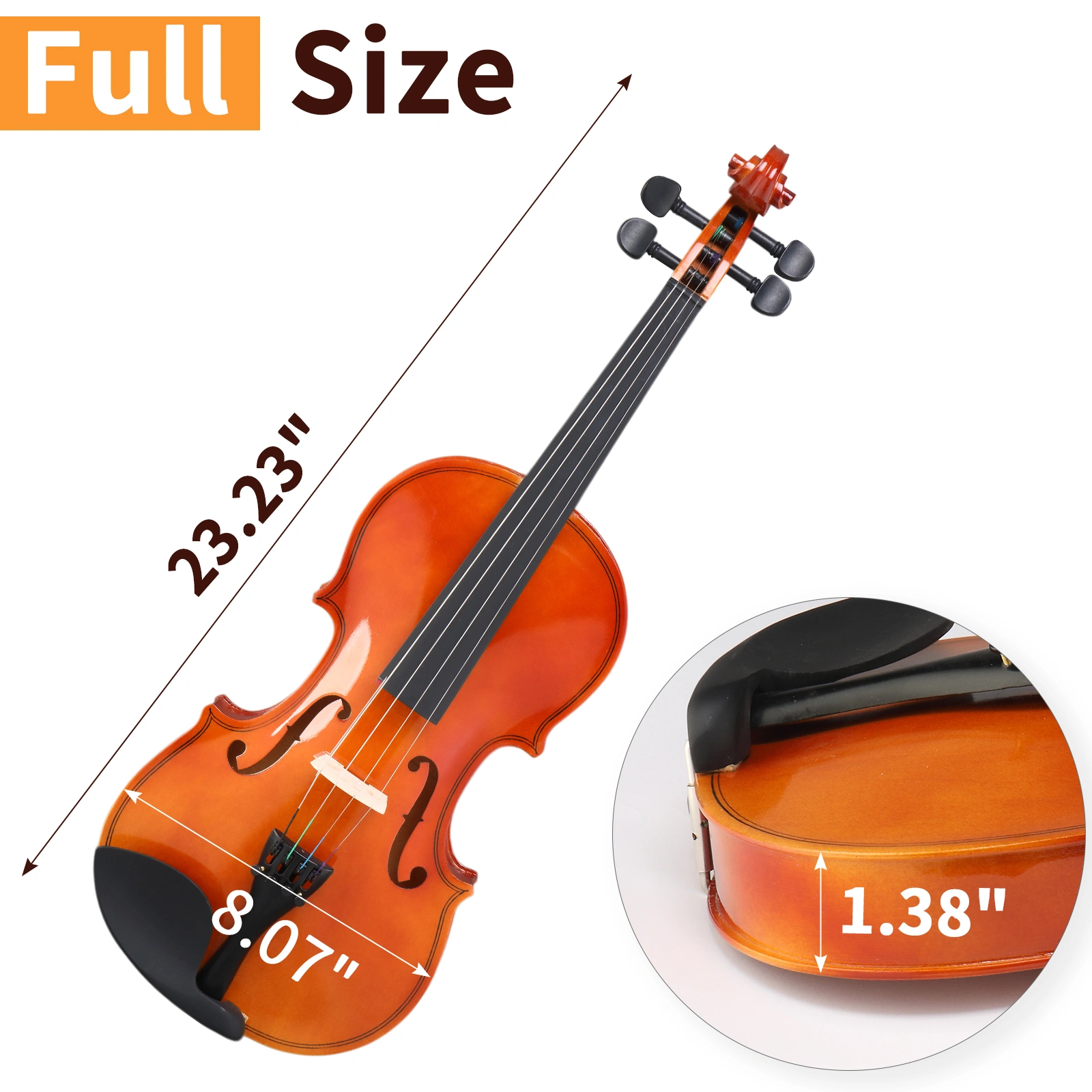 GV100 4/4 Acoustic Violin Case Bow Rosin Strings Tuner Shoulder Rest Natural view 11