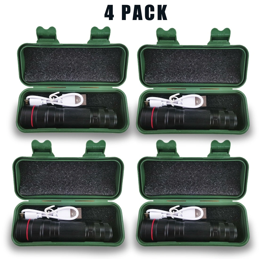 4 Pack Mini LED Flashlights USB Rechargeable, Adjustable Focus, 3 Modes, Outdoor Flashlight w/ USB Cable & Carry Box