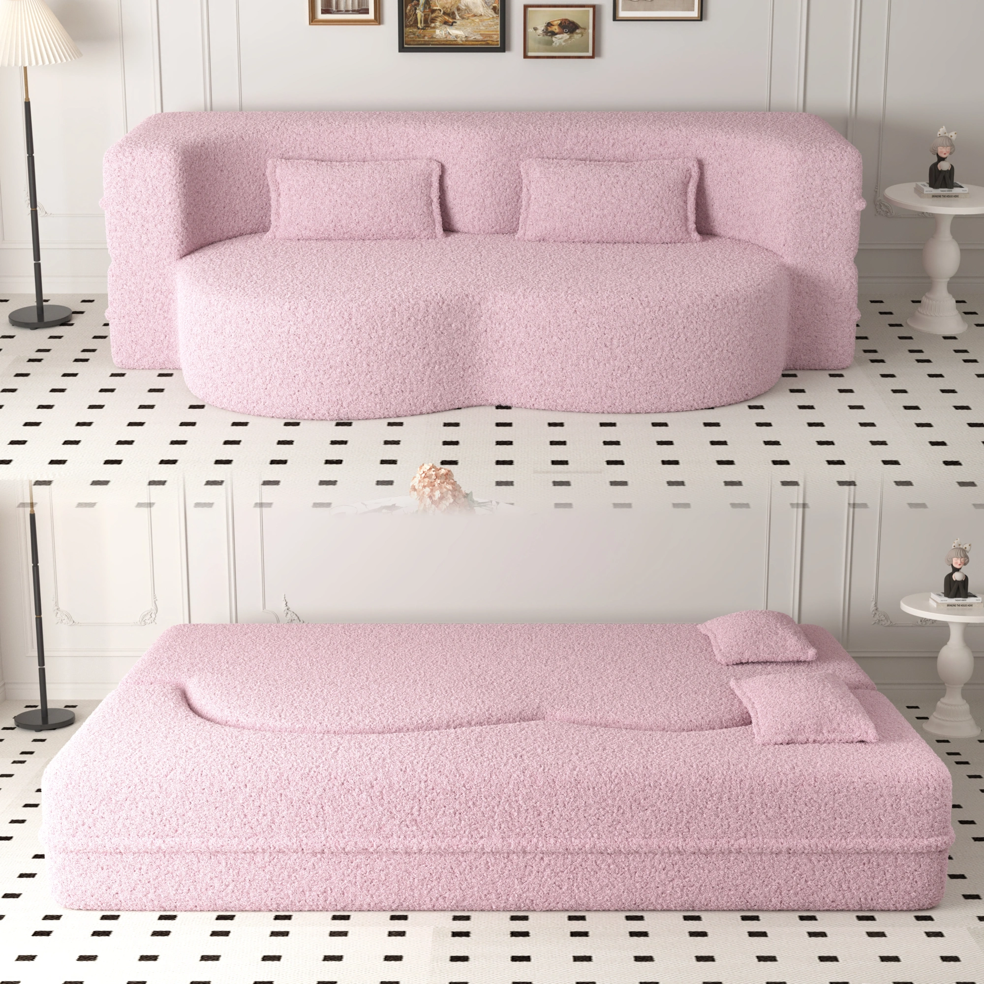 Modern Pink Floor Sofa Bed, Convertible Sherpa Fleece with 2 Pillows, 15" Full Size Folding Mattress, No Assembly, Living Room Playroom