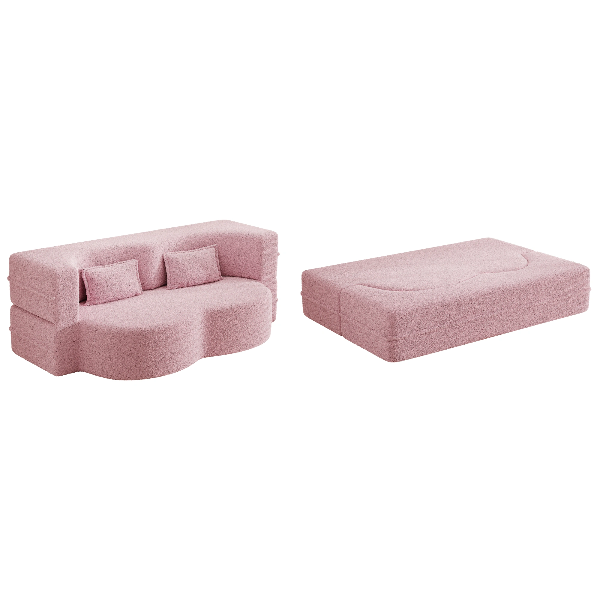 Modern Pink Floor Sofa Bed, Convertible Sherpa Fleece with 2 Pillows, 15" Full Size Folding Mattress, No Assembly, Living Room Playroom view 9