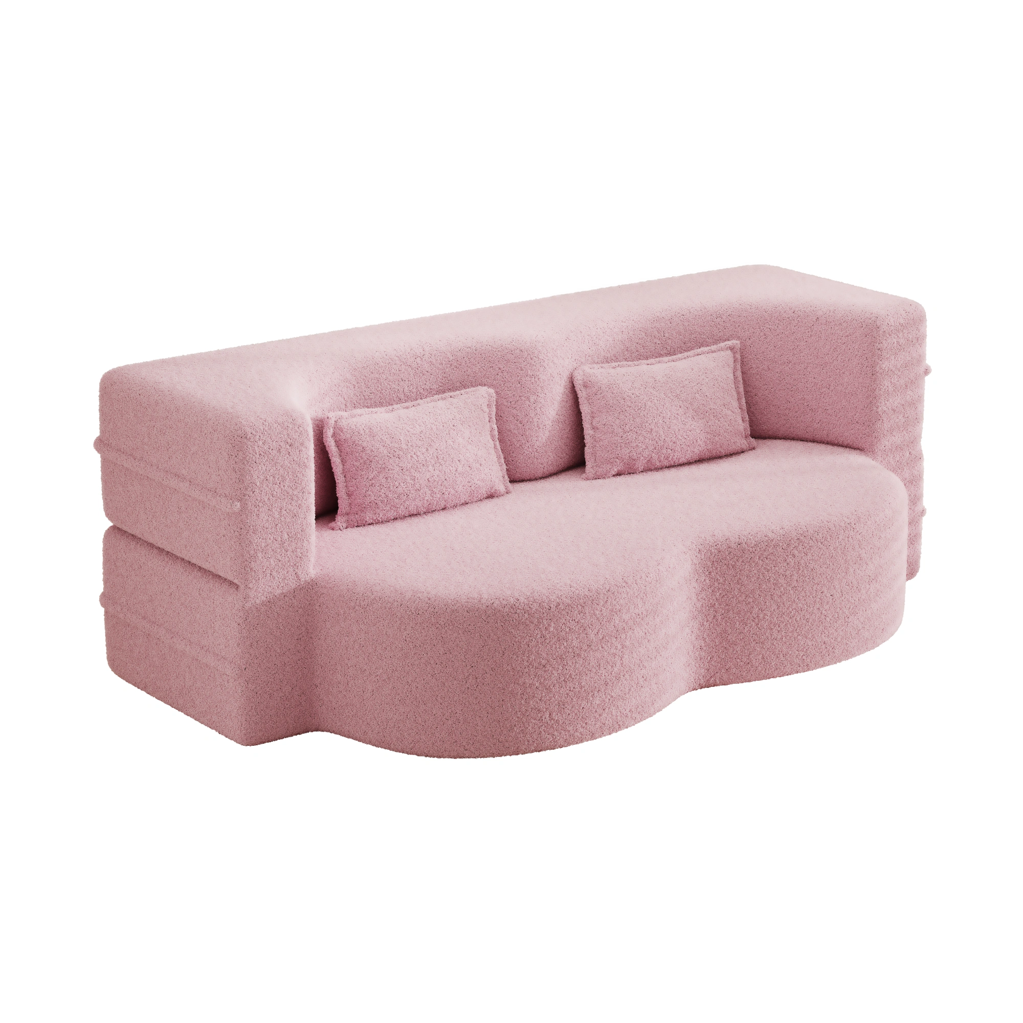 Modern Pink Floor Sofa Bed, Convertible Sherpa Fleece with 2 Pillows, 15" Full Size Folding Mattress, No Assembly, Living Room Playroom view 11