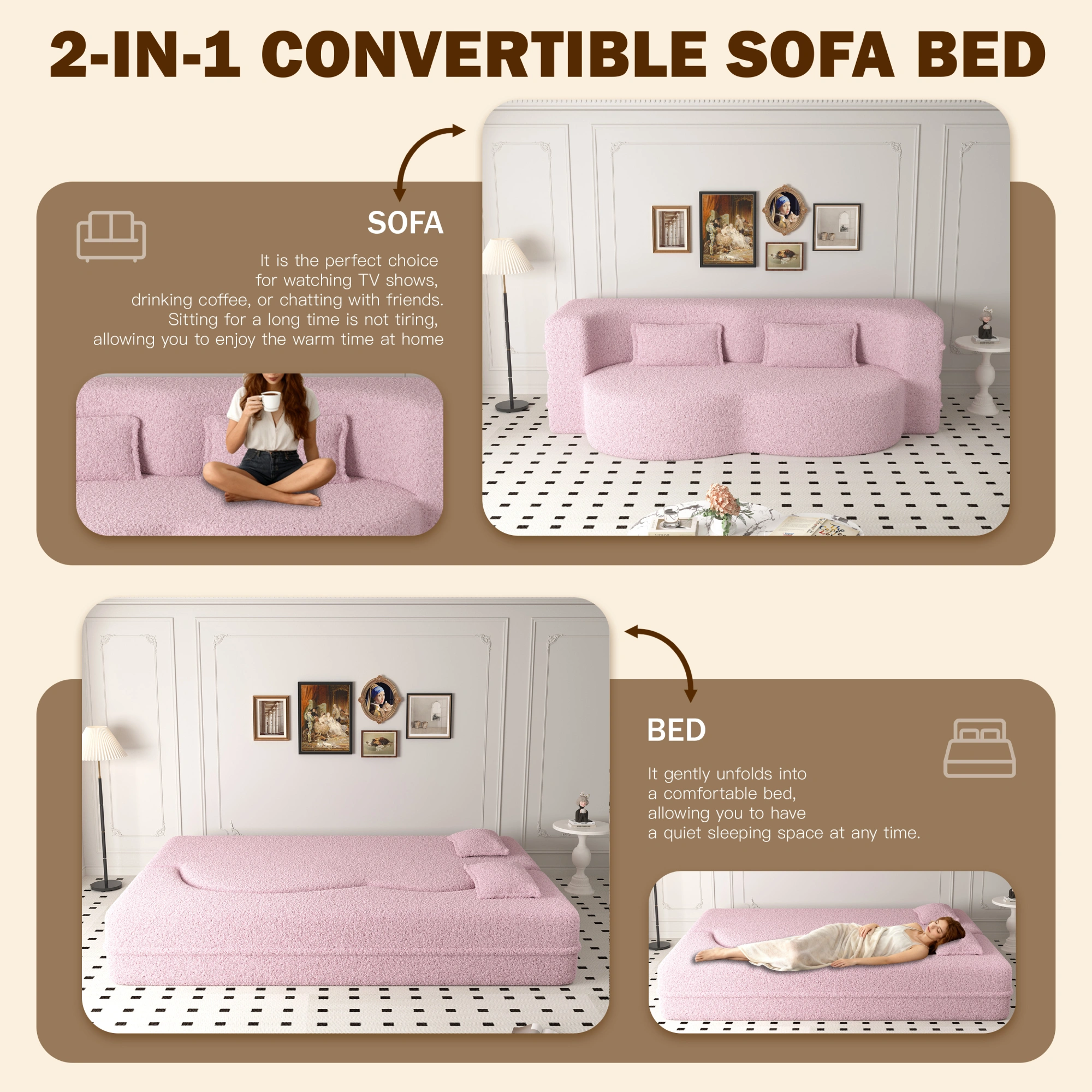 Modern Pink Floor Sofa Bed, Convertible Sherpa Fleece with 2 Pillows, 15" Full Size Folding Mattress, No Assembly, Living Room Playroom view 17