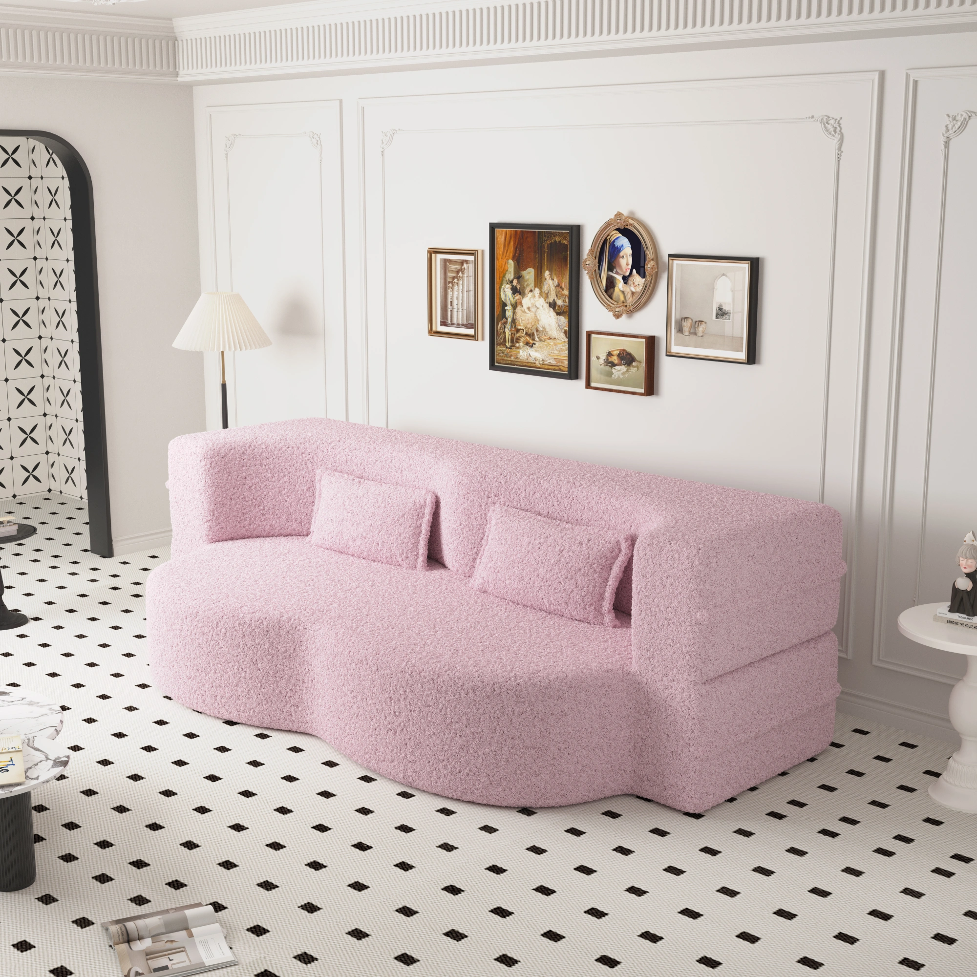 Modern Pink Floor Sofa Bed, Convertible Sherpa Fleece with 2 Pillows, 15" Full Size Folding Mattress, No Assembly, Living Room Playroom view 2